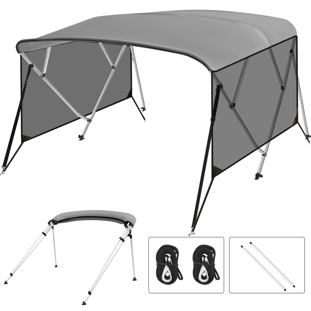 Garvee 4 Bow Bimini Top for Boats - 8'L x 54"H x 73"-78"W - 600D PU-Coated Light Gray Canvas Canopy with Translucent Side Curtains - 1" Aluminum Frame, UV Protection, Zippered Boot, Straps, Rear Support Poles - Color: Light Gray (Translucent Side Curtain)