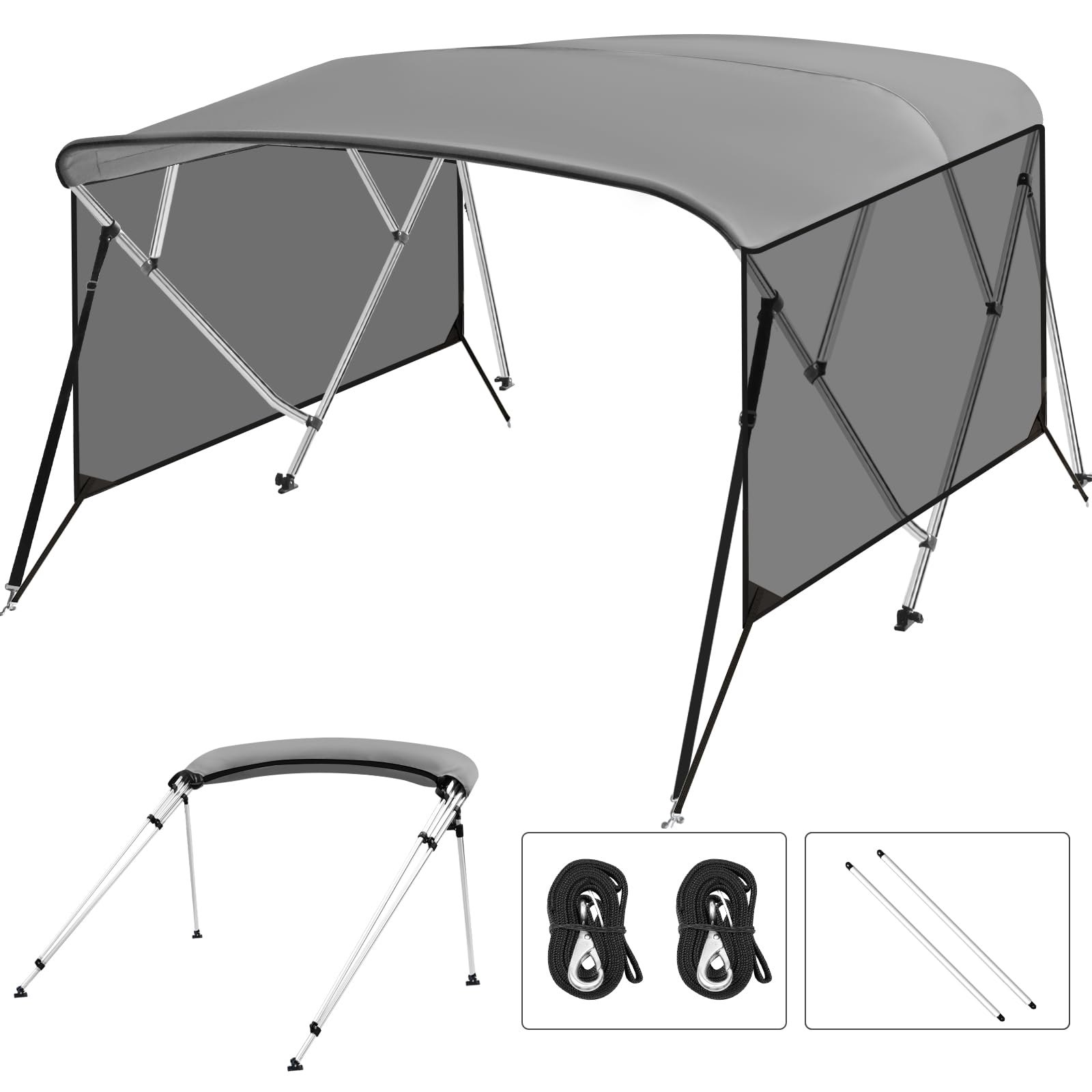 Garvee 4 Bow Bimini Top for Boats - 8'L x 54"H x 73"-78"W - 600D PU-Coated Light Gray Canvas Canopy with Translucent Side Curtains - 1" Aluminum Frame, UV Protection, Zippered Boot, Straps, Rear Support Poles - Color: Light Gray (Translucent Side Curtain)