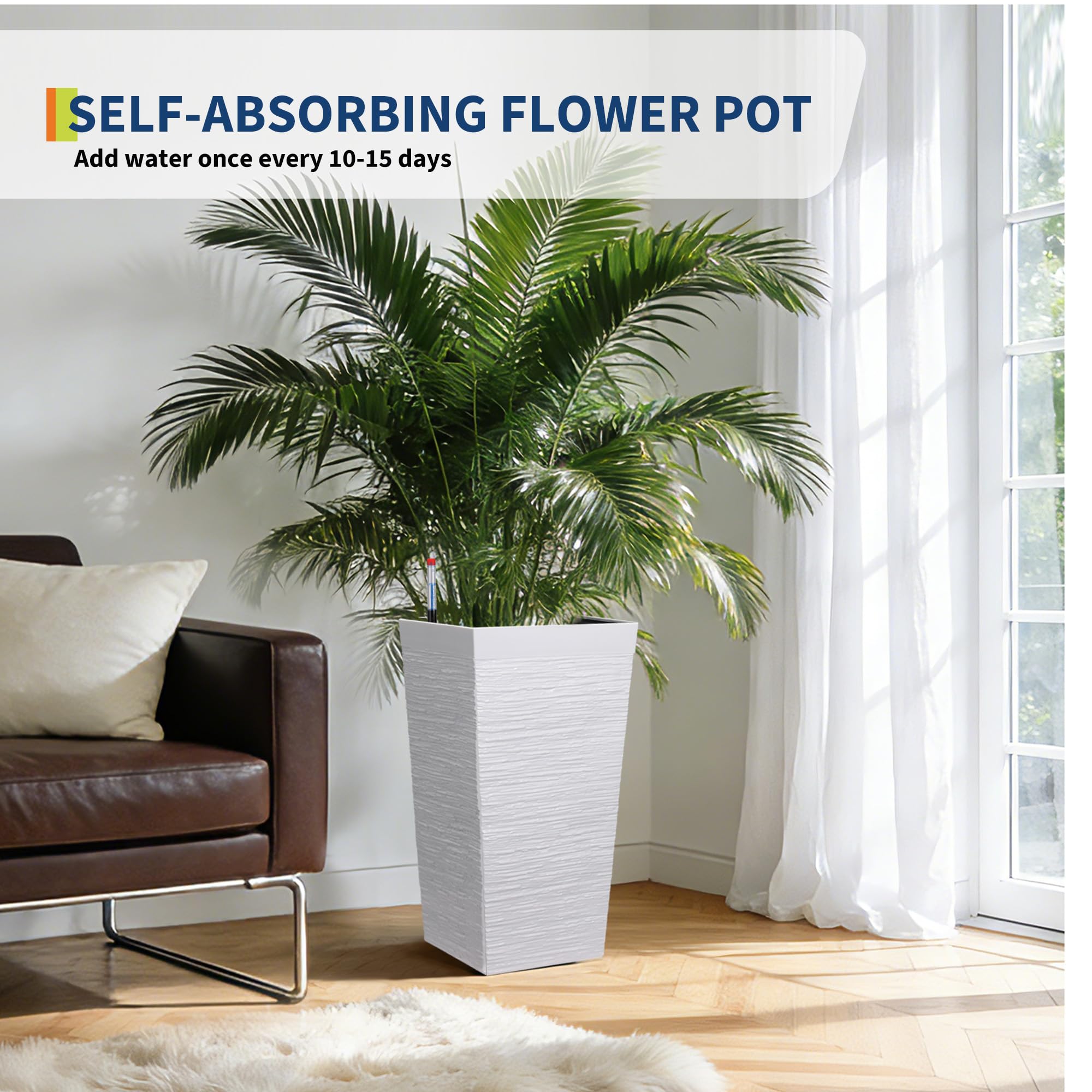 Garvee Self Watering Tall Planters Set of 2, 22.5" Front Porch Planter Pots with 11.7" Opening, Water Level Monitor & Drainage Holes for Indoor Outdoor Plants, White