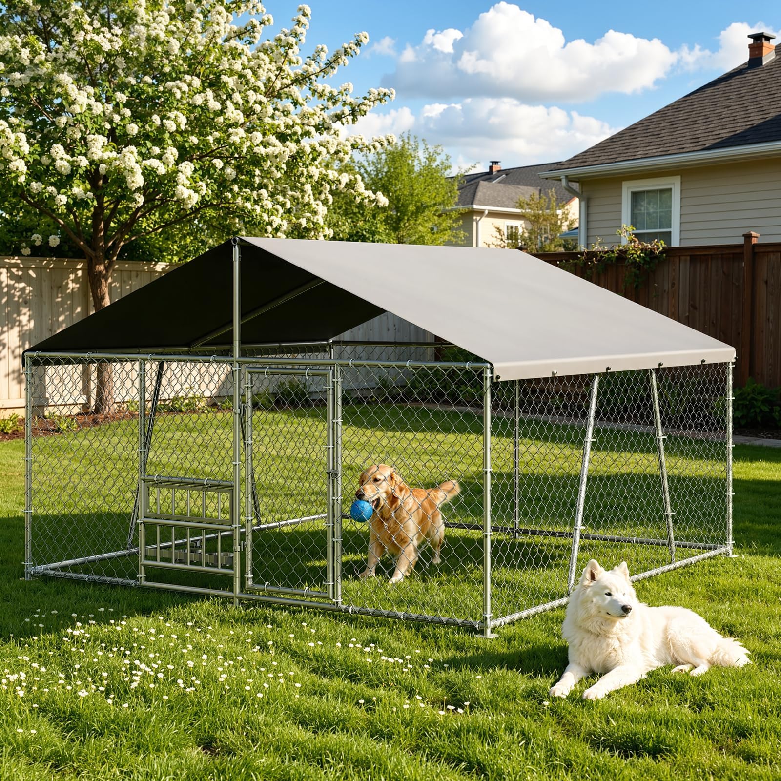 Garvee Large Outdoor Dog Kennel, Heavy Duty Galvanized Metal Wire Dog Cage with Waterproof UV-Resistant Roof, Lockable Door, Rotating Feeder & 2 Stainless Steel Bowls for Backyard Farm, 7.5x7.5x6.6ft