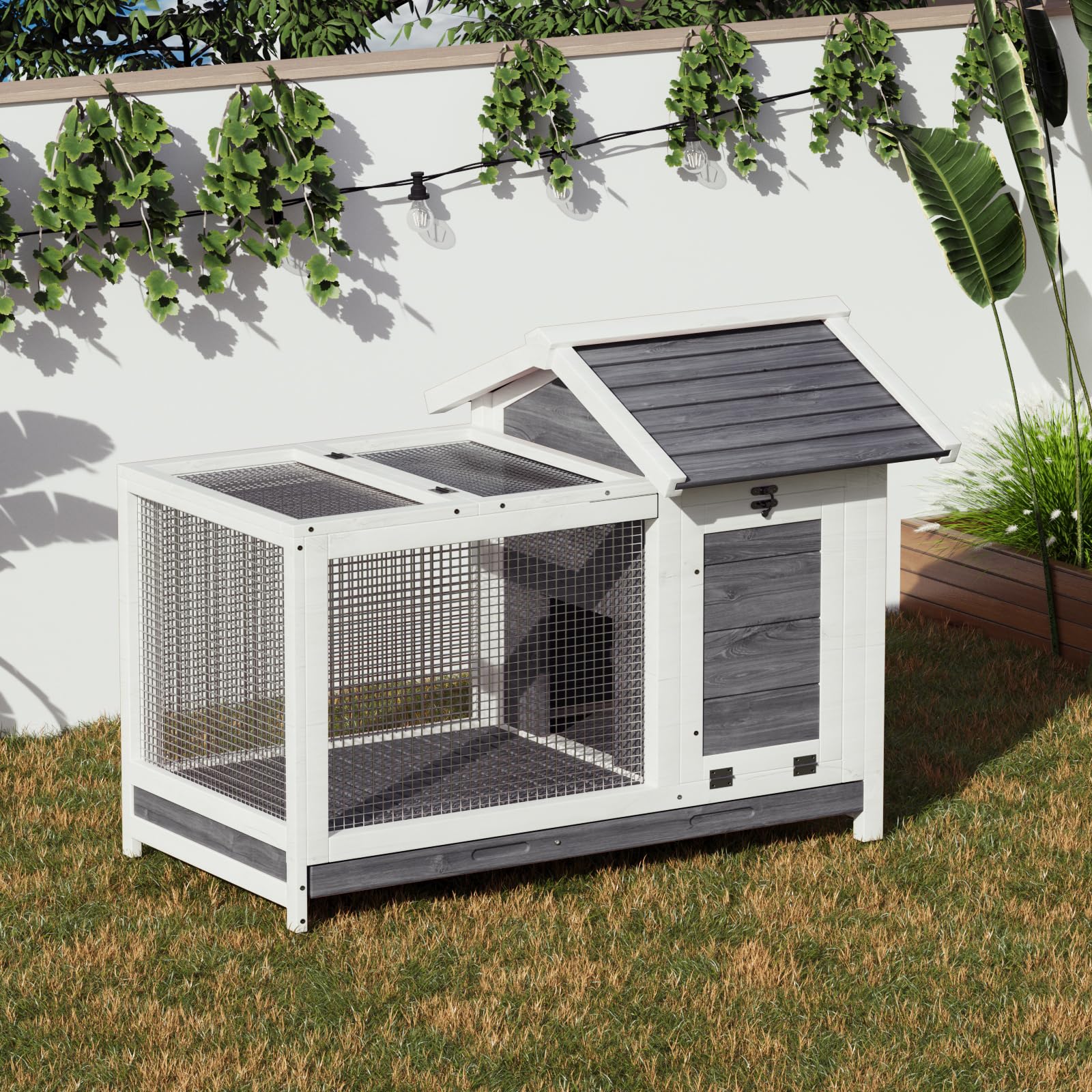 Garvee Large Outdoor Rabbit Hutch, Weatherproof 2-Story Bunny Cage with Removable Wire Netting, Wooden Indoor Outdoor Pet House, Waterproof Roof & Pull-Out Tray, Gray