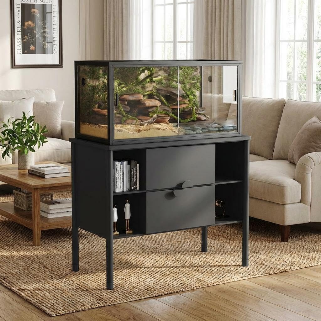 Garvee 120 Gallon Reptile Terrarium 48"x24"x24", Large Bearded Dragon Tank with Sliding Glass Doors, Heavy-Duty Screen Top Ventilation, Anti-Escape Enclosure for Lizards & Snakes, Black