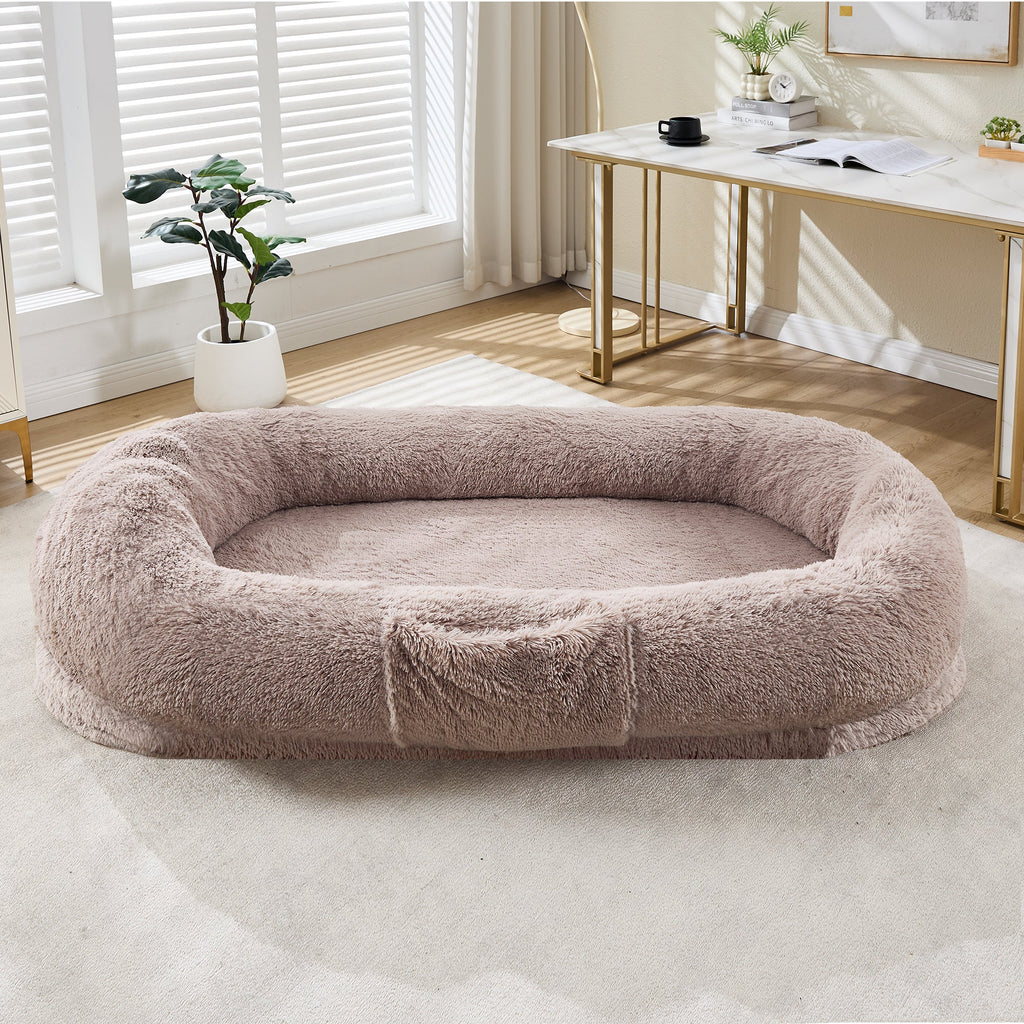 Garvee Orthopedic Memory Foam Dog Bed for Adults & Pets – Oversized Bean Bag Sofa, Washable Faux Fur Cover, Side Pocket, Waterproof, Calming Nap Couch for Living Room or Bedroom – Light Brown