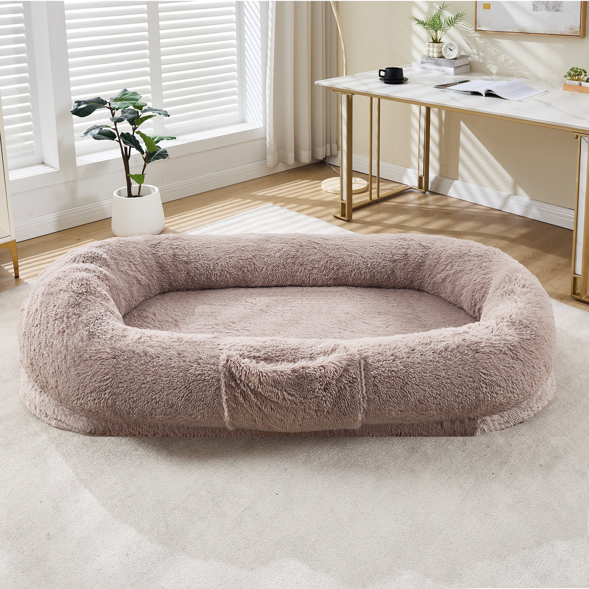 Garvee Orthopedic Memory Foam Dog Bed for Adults & Pets – Oversized Bean Bag Sofa, Washable Faux Fur Cover, Side Pocket, Waterproof, Calming Nap Couch for Living Room or Bedroom – Light Brown