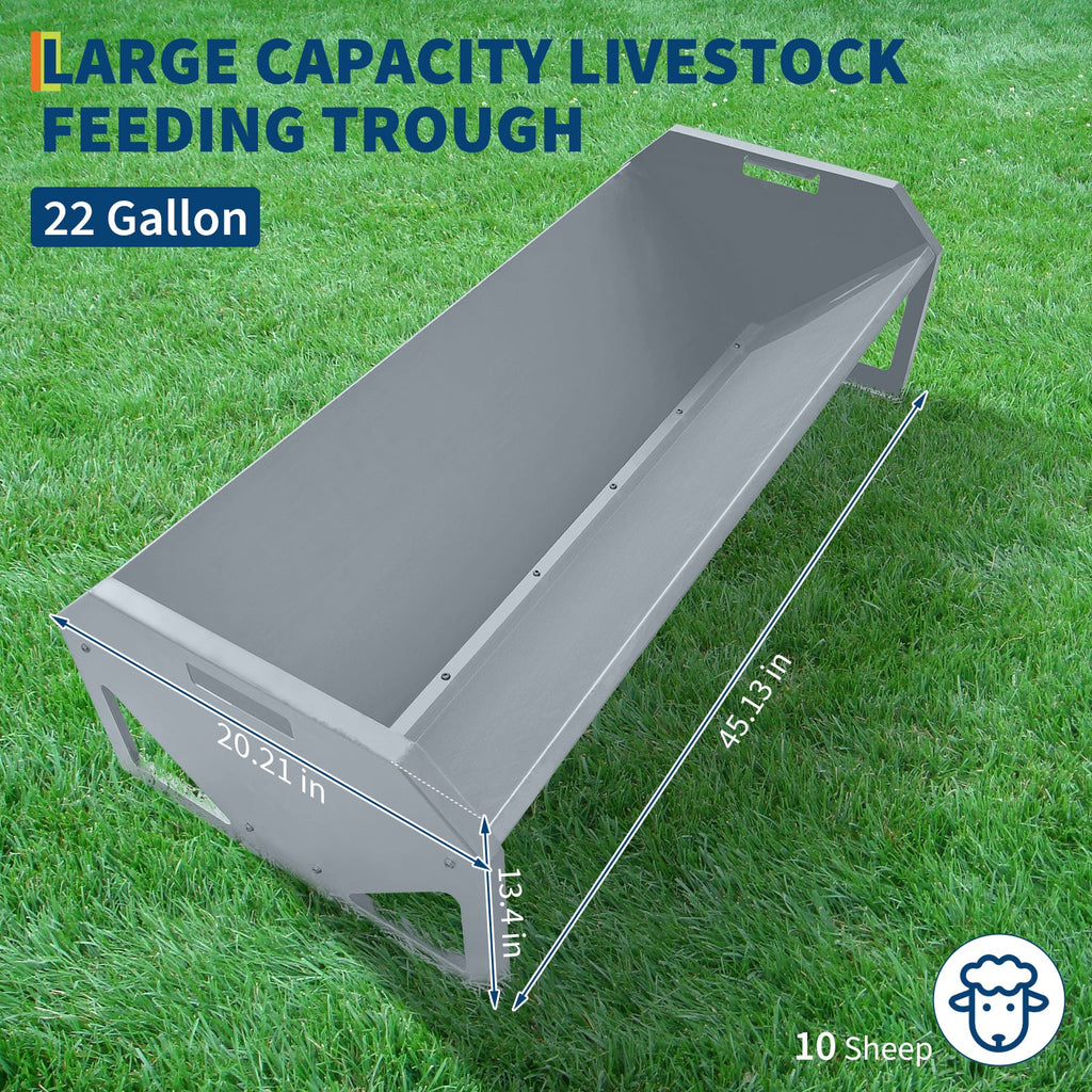 Garvee Livestock Feeder, 45.13" Hay Feeder for 10 Sheep Once, Heavy Duty 22 Gallon Capacity Livestock Feeding Trough for Horse, Goat, Sheep, Cattle, Cow, Alpaca, Silver