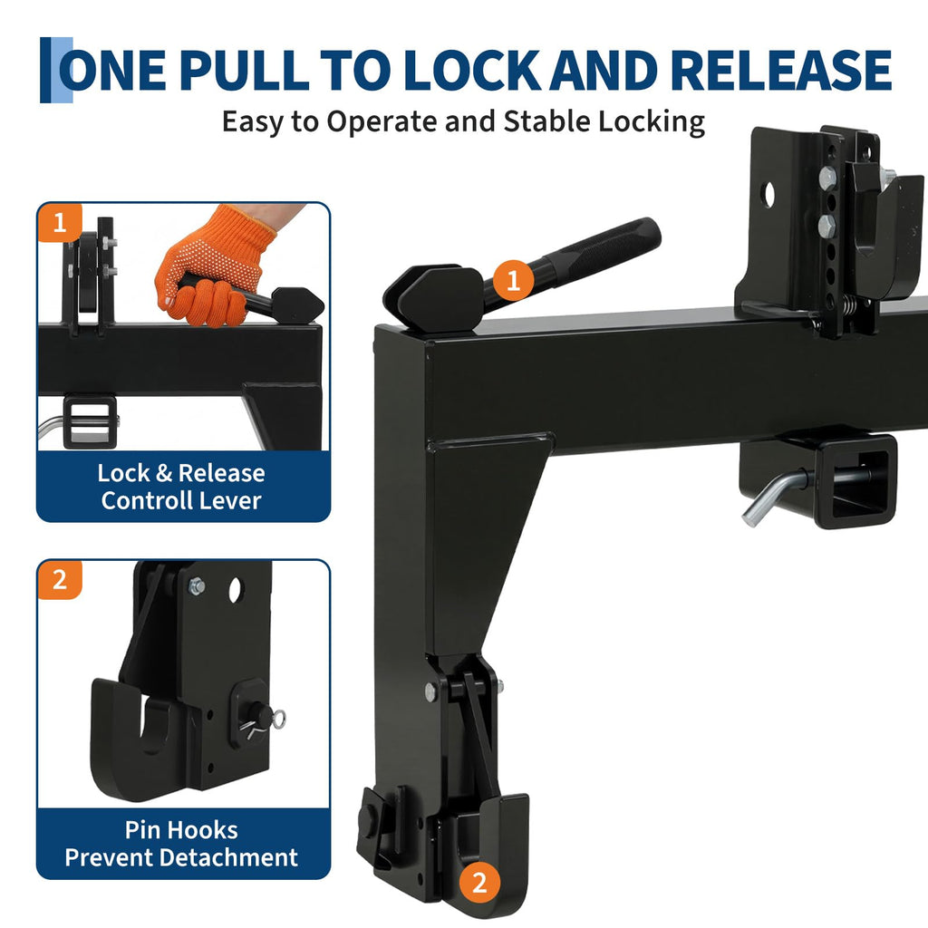 Garvee 3-Point Quick Hitch for Category 1 Tractors, 3000 LBS Lift, Heavy-Duty Steel, Easy Install, Includes 2 Receivers, Black, Agricultural Use