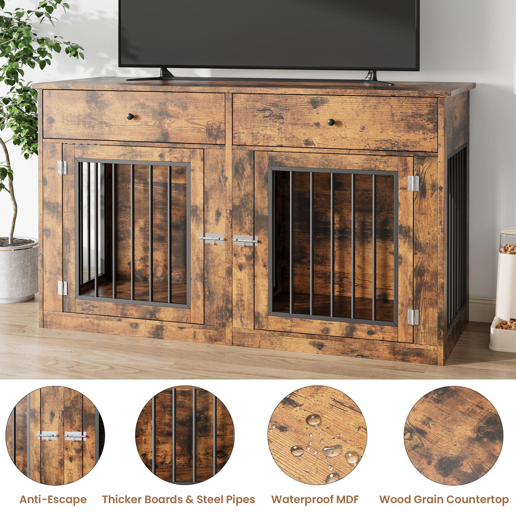 Garvee 60" Dog Crate Furniture for 2 Dogs, Heavy Duty Dog Kennel Furniture TV Stand with 2 Drawers, Dog Crates for Small Medium Dogs, Dog Cage End Table for Indoor Use,Vintage Brown