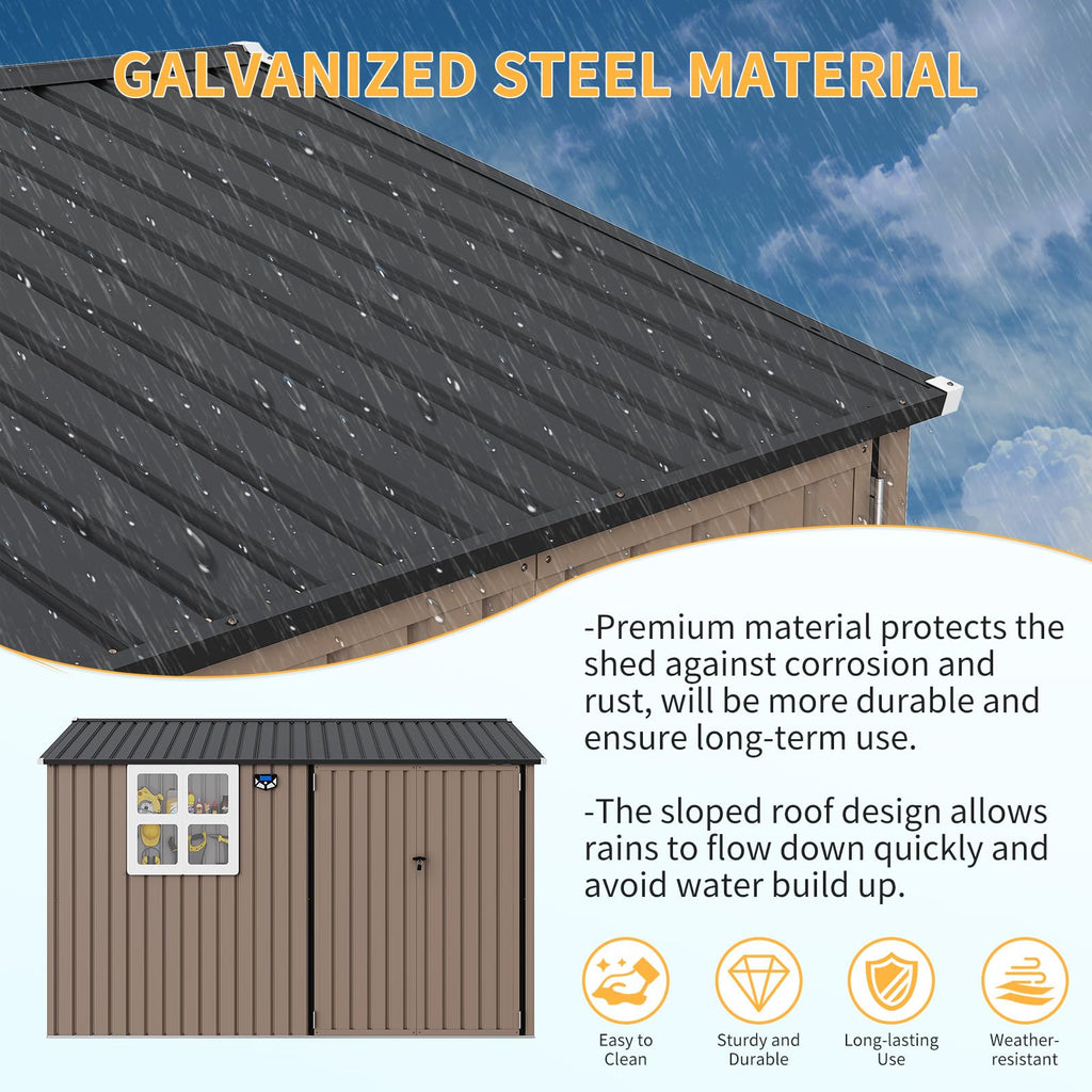 Garvee 8x10 ft Heavy-Duty Metal Storage Shed with Lockable Door & Windows - Galvanized Steel Outdoor Utility Shed with Sloped Roof for Backyard, Garden, Garage, and Patio, Brown