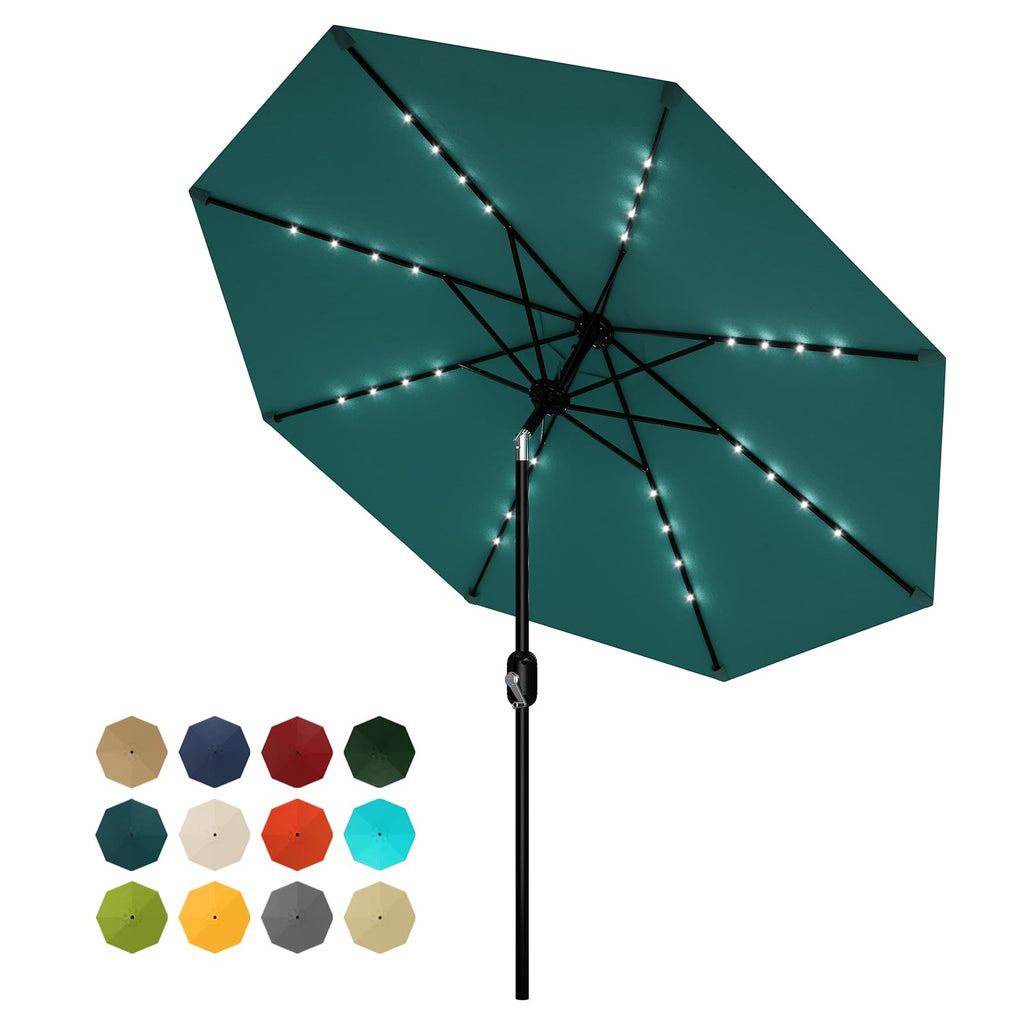 Garvee 10 FT Patio Umbrella with Solar Lights, Outdoor Table Umbrella with 8 Durable Ribs, Tilt & Crank Mechanism, Waterproof & UV Protection for Garden, Backyard, Poolside, Light Blue