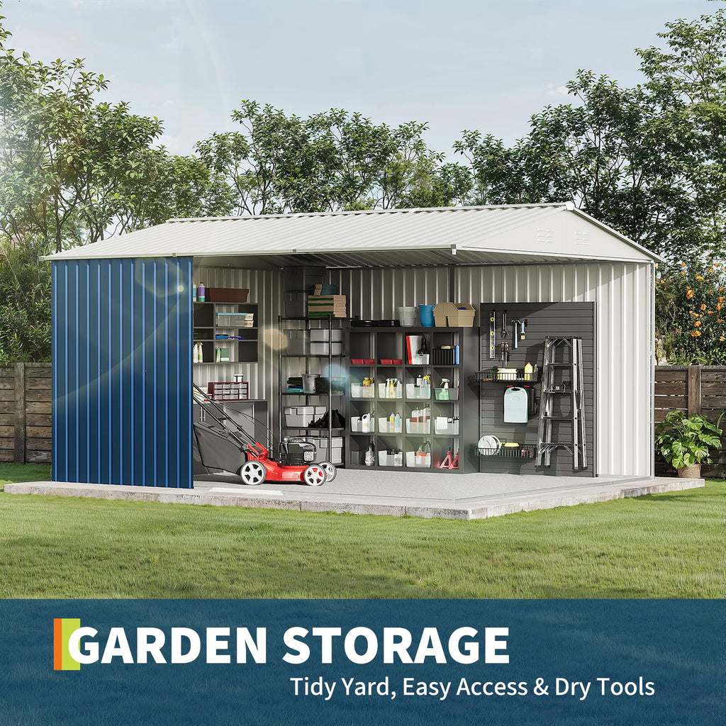 Garvee 10 x 12 FT Metal Outdoor Storage Shed, Weather-Resistant Galvanized Steel Tool House with Lockable Double Doors, Grid Window, Vents & Gable Roof, Navy Blue
