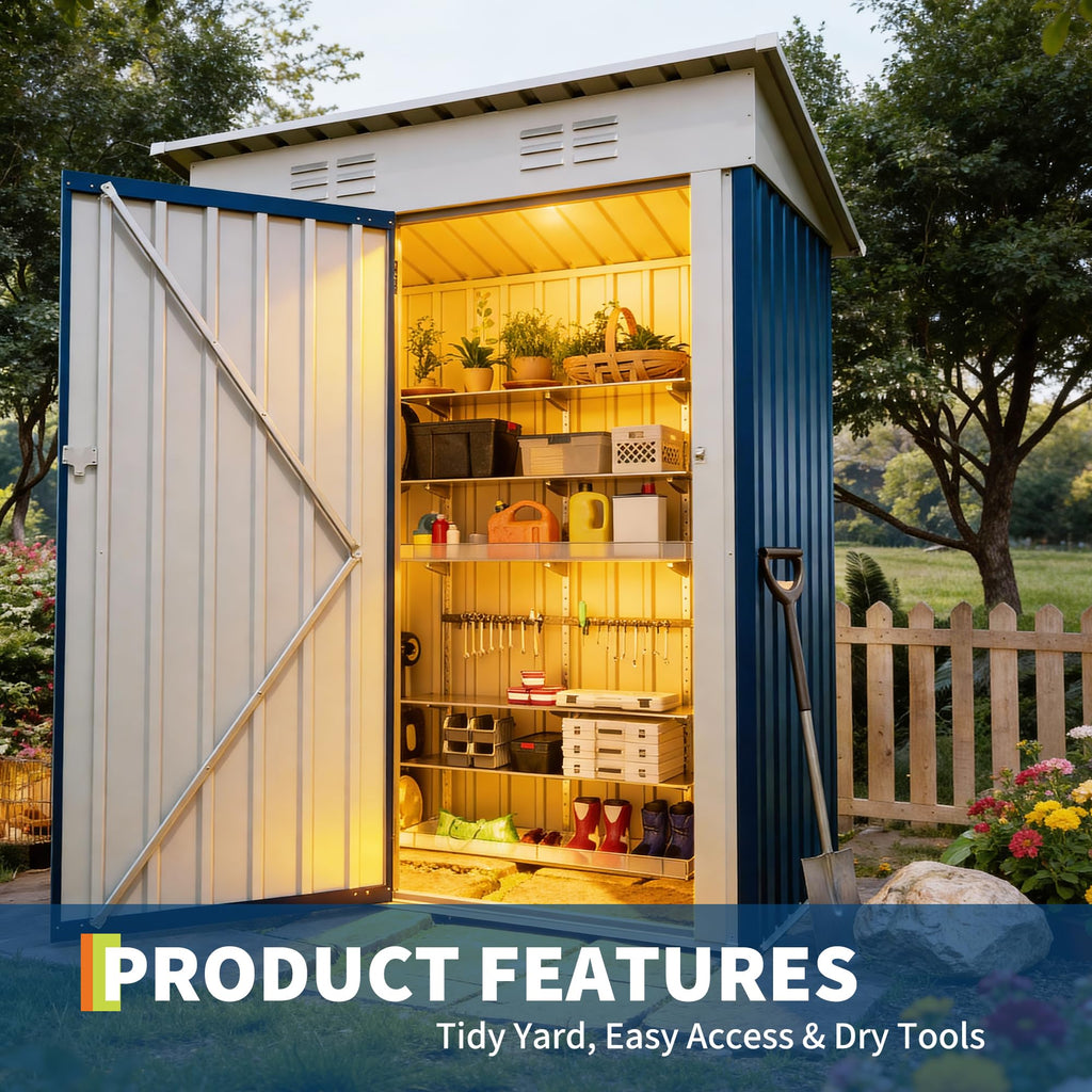 Garvee 5×3FT Heavy Duty Metal Outdoor Storage Shed, Weather-Resistant Garden Tool Shed with Lockable Single Door, Sloped Roof & Vents, Rustproof Patio Storage House for Backyard, Lawn, Navy Blue