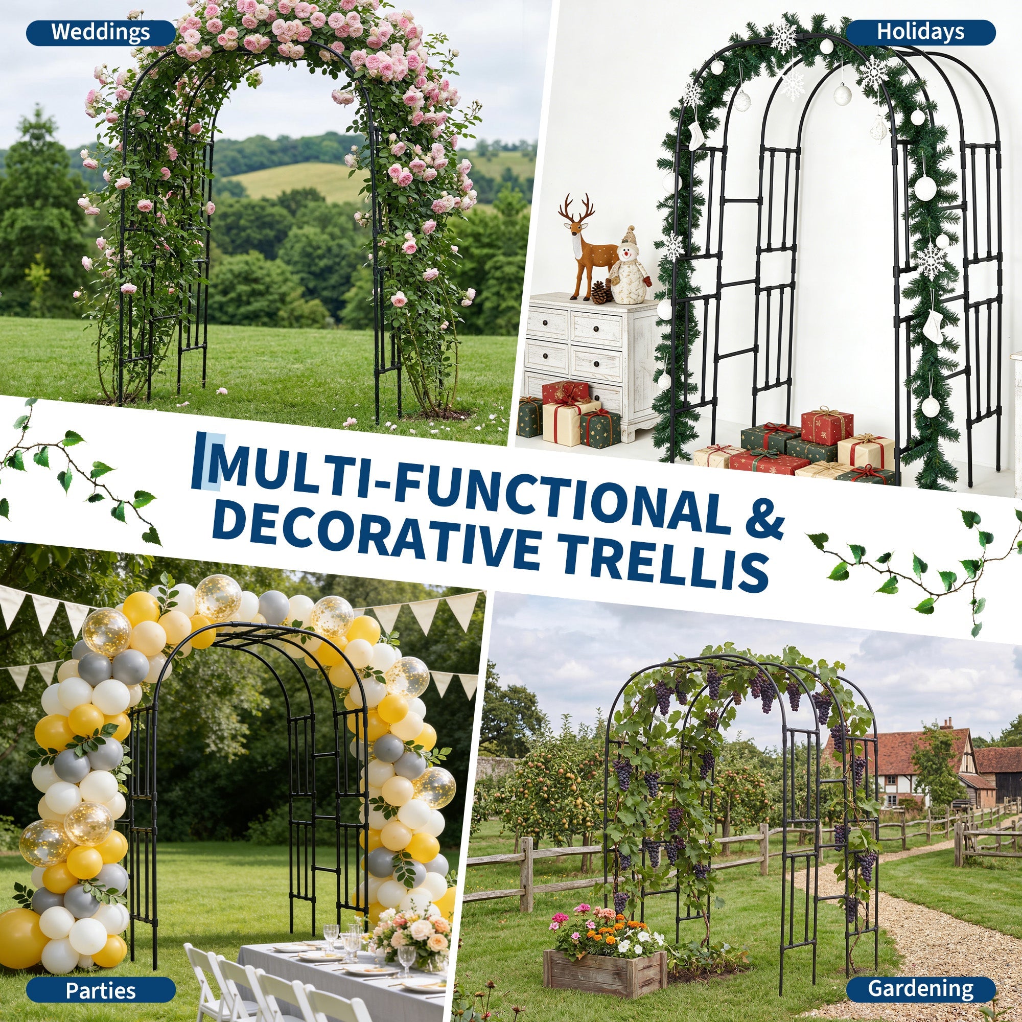 Garvee Garden Arch Trellis, 86"H x 63"L x 47"W Galvanized Steel Dome Arbor with UV-Resistant PE Coating for Climbing Plants, Roses & Grapes