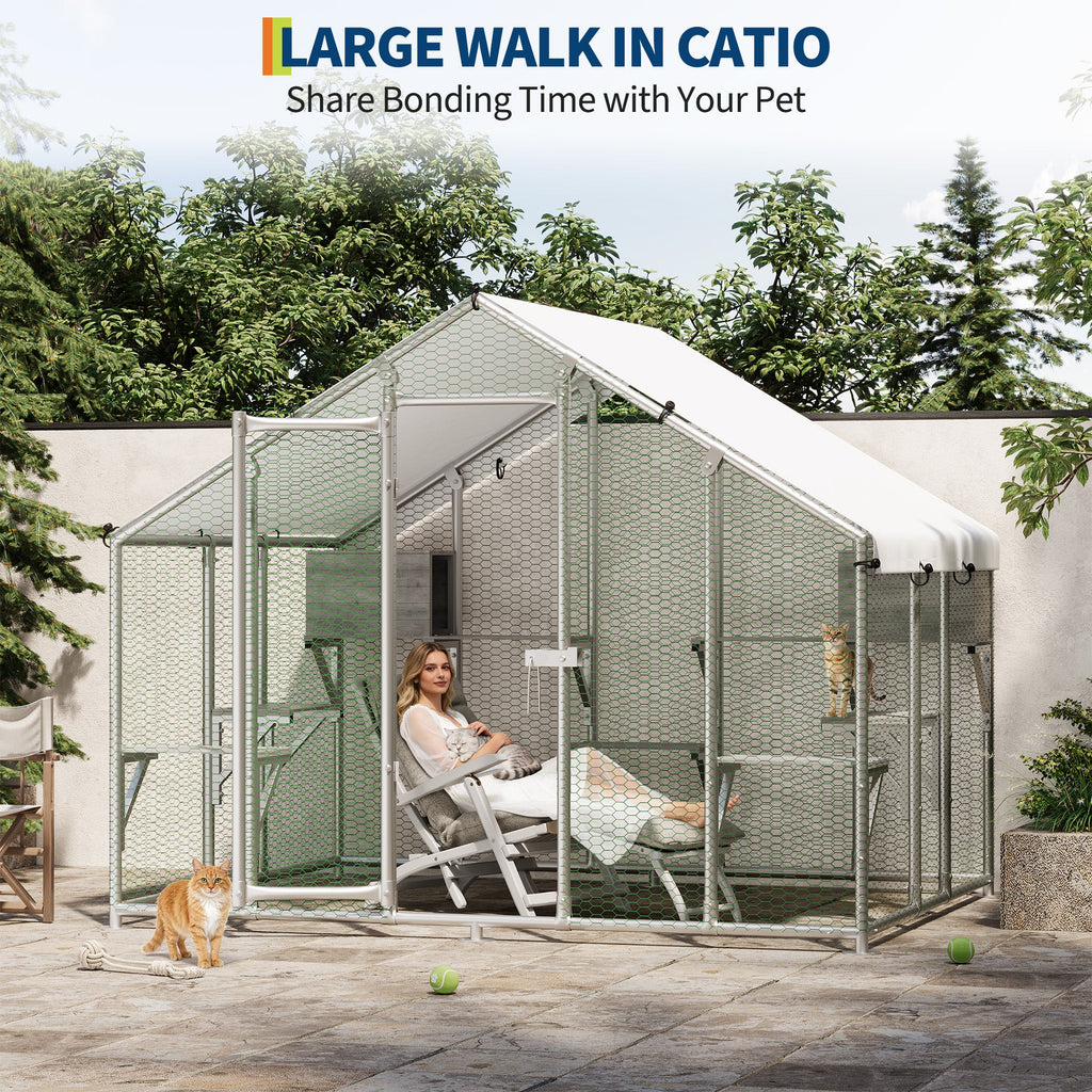 Garvee 94.5" Extra Large Outdoor Catio Cat Enclosure, Galvanized Steel Cat Patio with Waterproof UV-Resistant Roof, Cats Shelter with 7 Platforms and 2 Resting Box for Backyard Patio