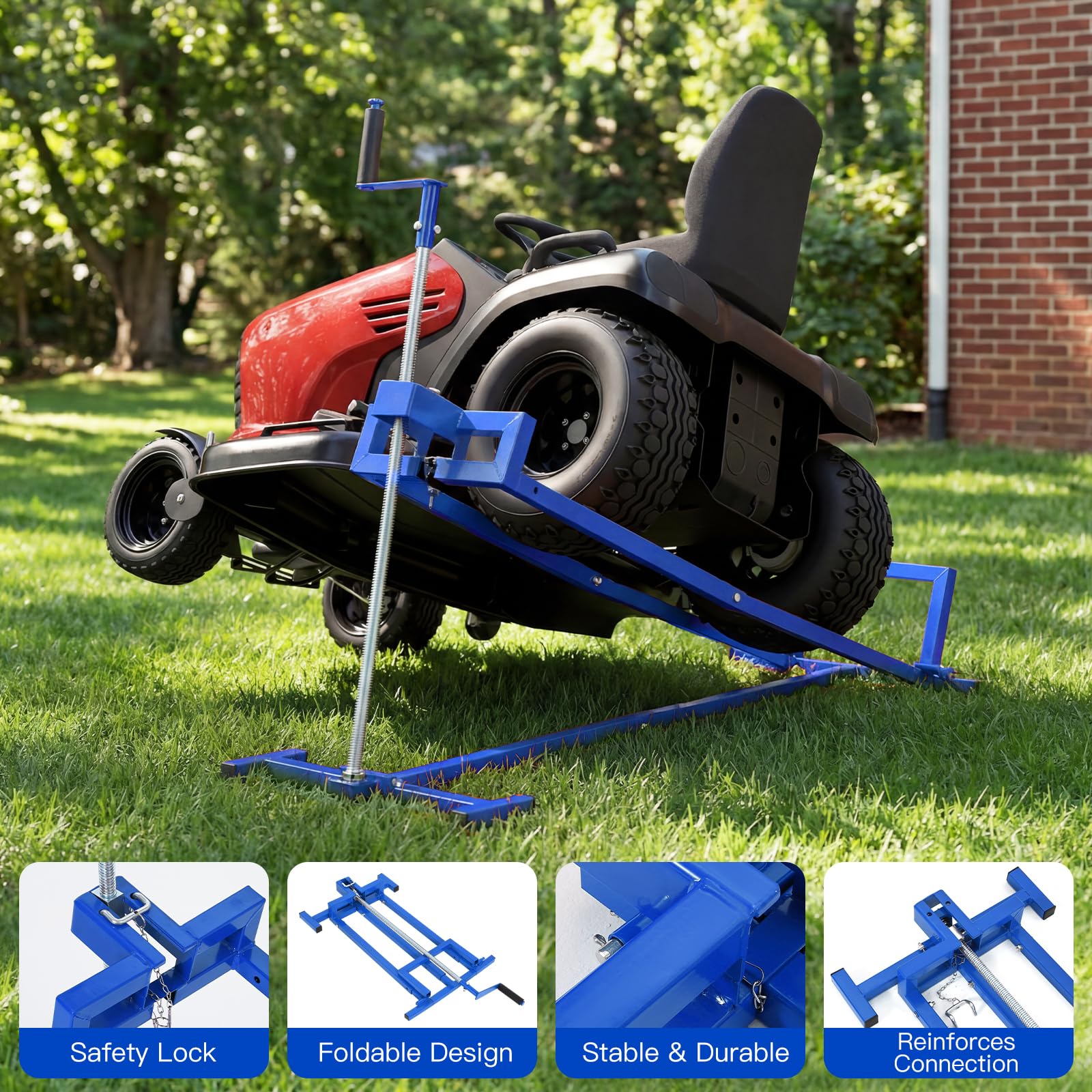 Garvee 880 lb Heavy Duty Lawn Tractor Lift Jack, 0-35° Adjustable Tilt Angle Riding Mower Lift with 27.5" Max Lift Height, Manual Hand Crank or Power Drill Operation, Collapsible Storage Maintenance Hoist for Zero Turn, ATV, Garden Tractors, Blue