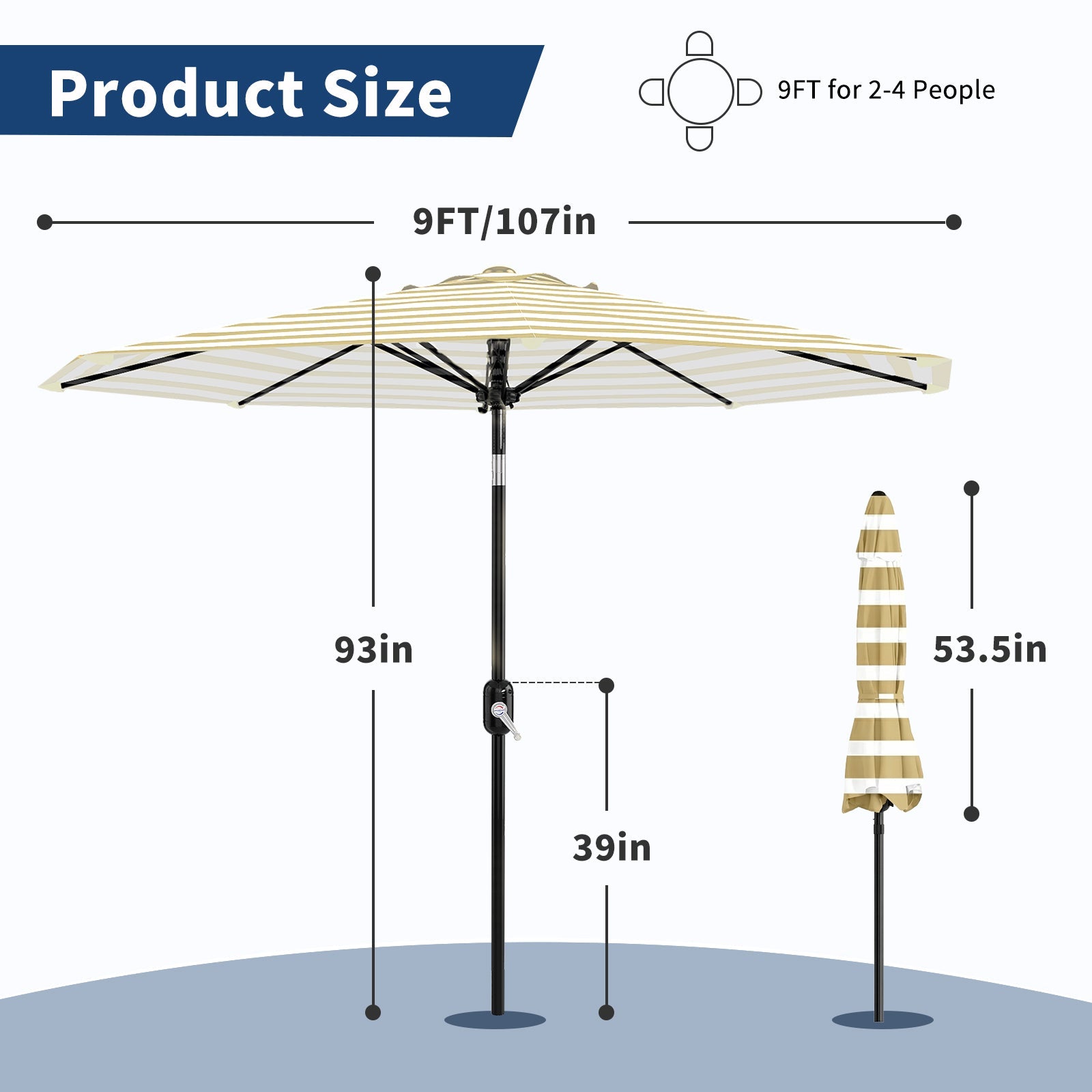 Garvee 9 ft Outdoor Patio Umbrella with 8 Sturdy Ribs, Crank Lift, Push-Button Tilt & UV-Resistant Waterproof Canopy for Pool, Deck, Yard & Garden, Tan & White Stripes