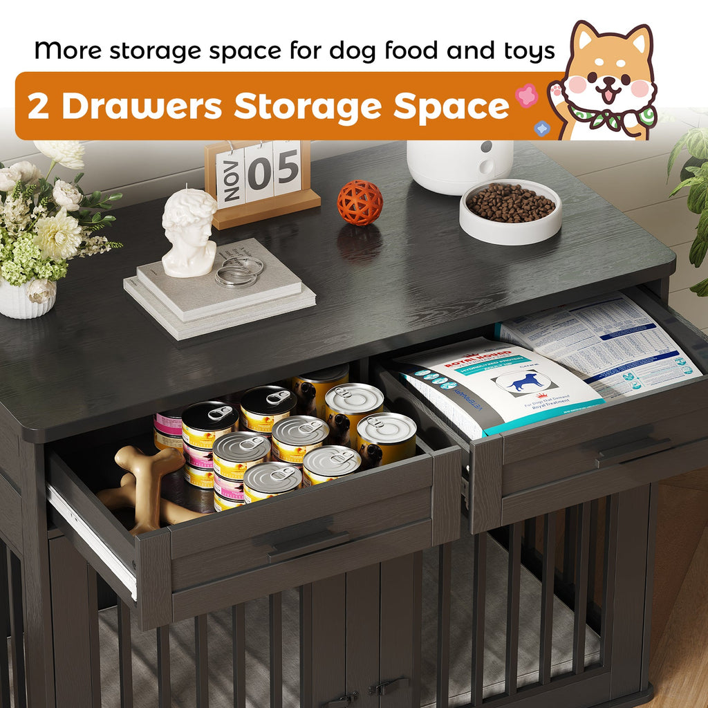 Garvee 44.5 Inch Large Dog Crate Furniture with 2 Storage Drawers,Wooden Dog Kennel Furniture As End Table, Decorative Pet Cage Dog House Indoor for Medium/Large Dogs, Chew-Proof