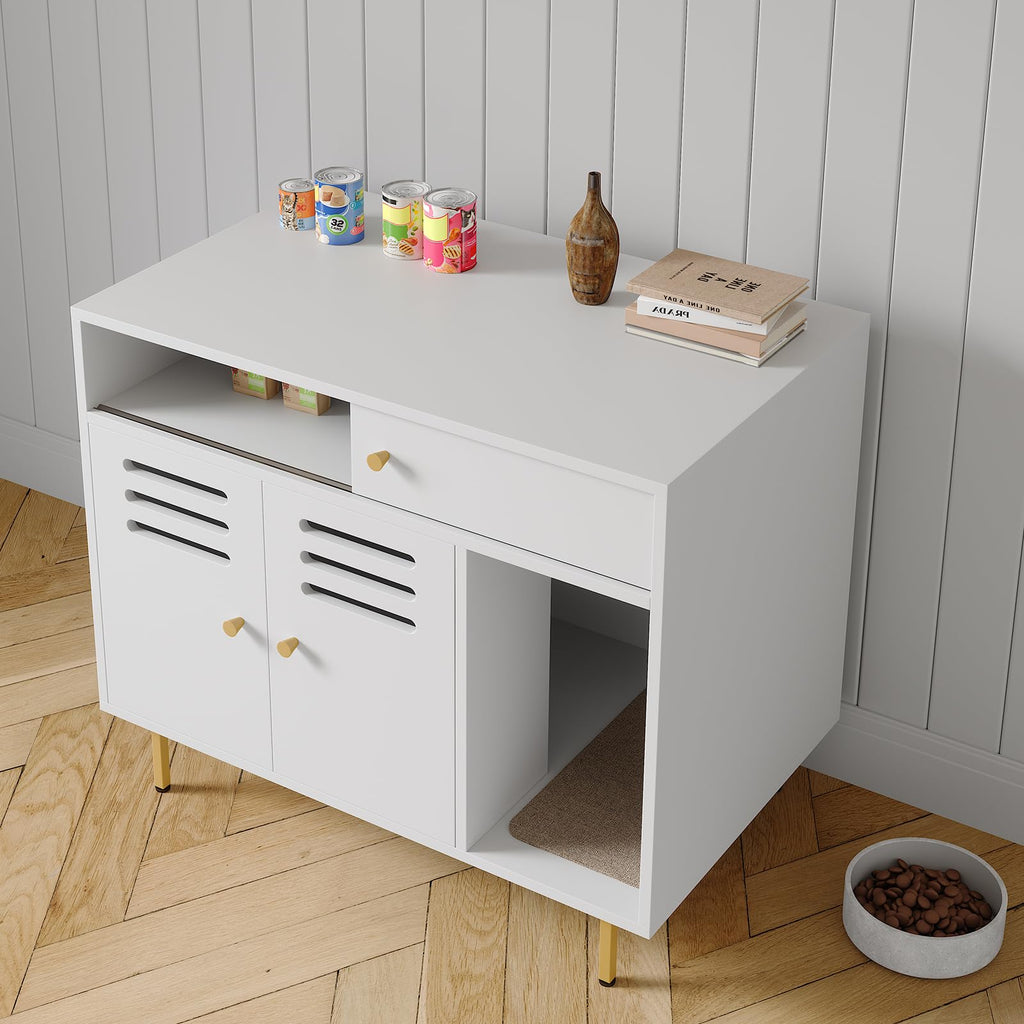 Garvee Modern Cat Litter Box Enclosure Furniture – Hidden Storage, Barn Door, Drawers & Shelves, Ventilated, Dog Proof, Cat Washroom Side Table – Fits Most Litter Boxes – White