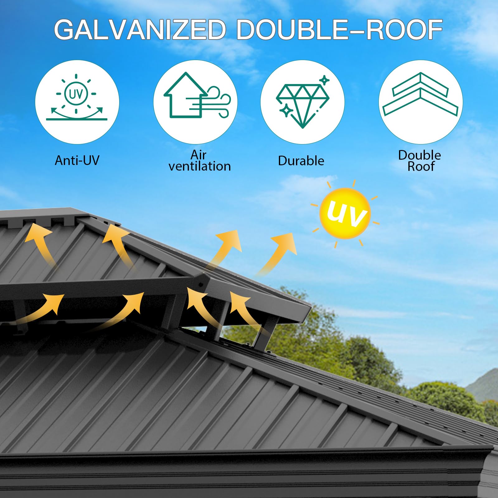 Garvee 12' x 16' Hardtop Gazebo, Double Metal Roof, Aluminum Frame Outdoor Pavilion with Curtains & Mosquito Netting for Patio, Backyard & Garden, Black/Gray
