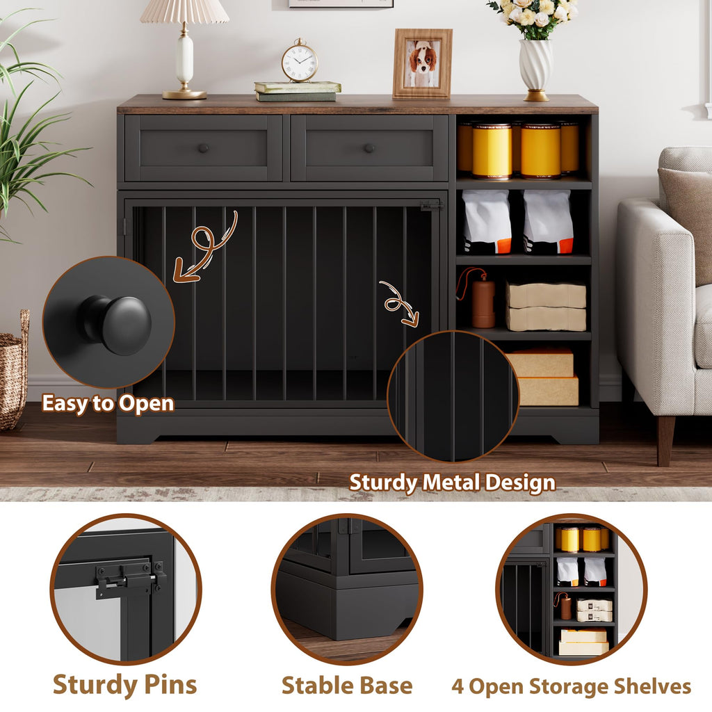 Garvee 47" Dog Crate Furniture Indoor with 2 Drawers & 4 Shelves, Large Dogs Kennel Furniture TV Stand, Wooden Dog Cage for Large Medium Dogs, Black