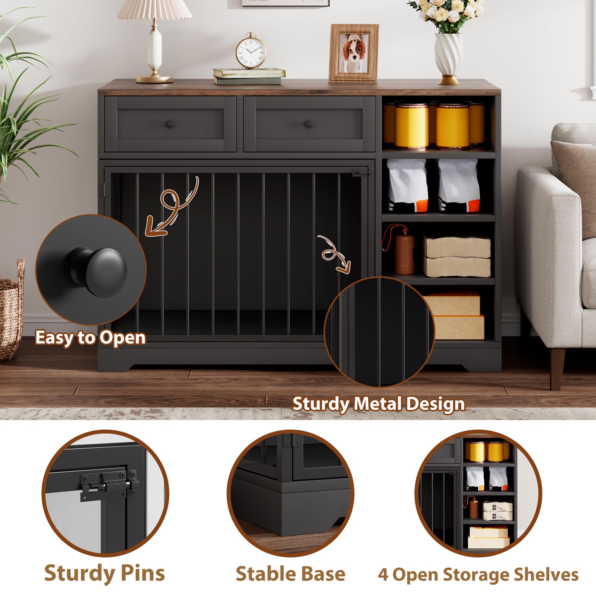 Garvee 47" Dog Crate Furniture Indoor with 2 Drawers & 4 Shelves, Large Dogs Kennel Furniture TV Stand, Wooden Dog Cage for Large Medium Dogs, Black