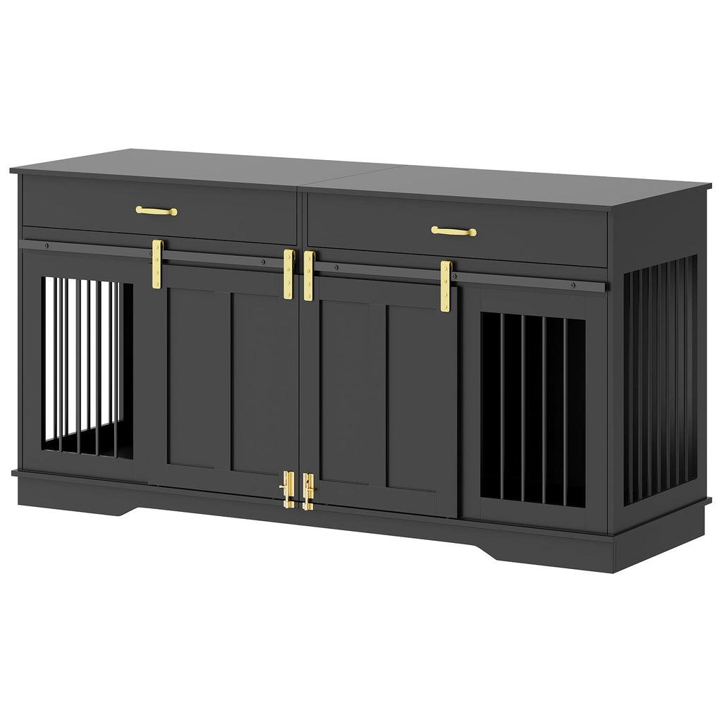 Garvee 71" Extra Large Dog Crate Furniture, Heavy Duty Wood  Double Kennel Furniture with Removable Divider, 2 Lockable Doors & 2 Drawers, Indoor Pet Crate End Table TV Stand for Living Room