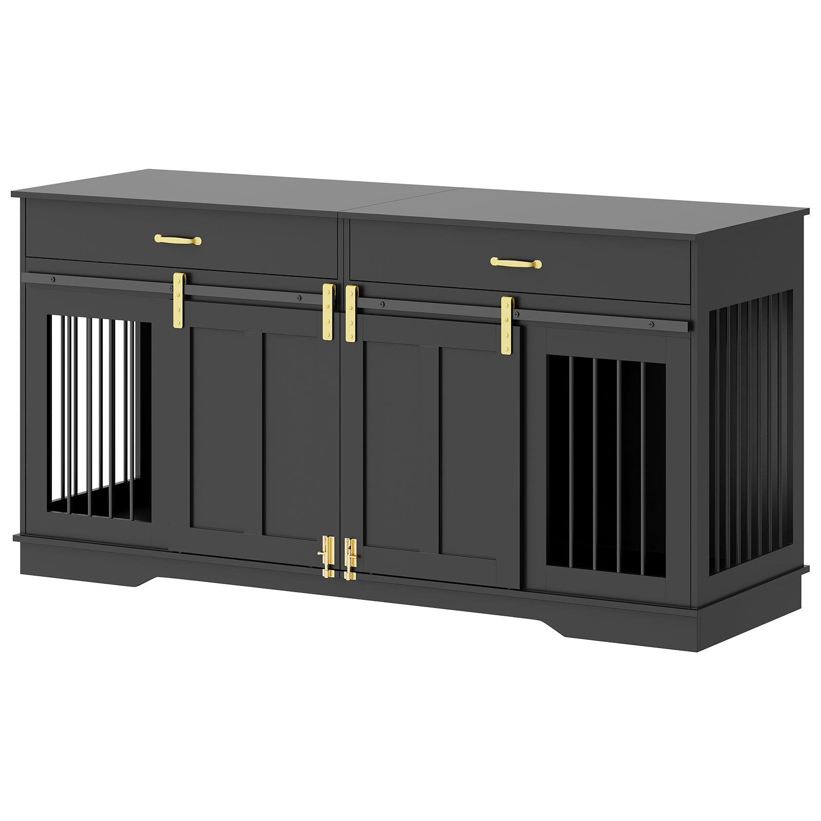 Garvee 71" Extra Large Dog Crate Furniture, Heavy Duty Wood  Double Kennel Furniture with Removable Divider, 2 Lockable Doors & 2 Drawers, Indoor Pet Crate End Table TV Stand for Living Room