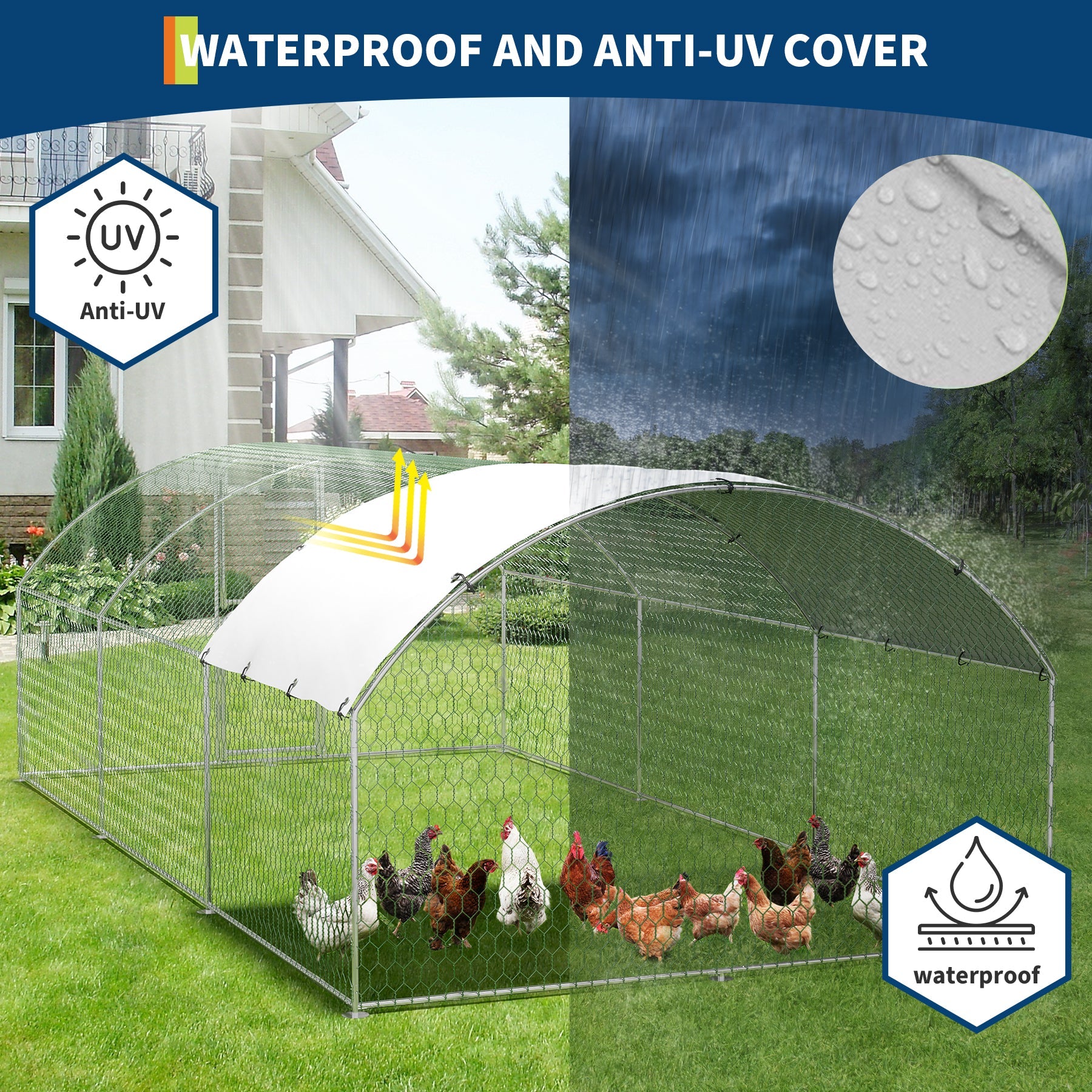 Garvee Heavy Duty Large Metal Chicken Coop - Walk-In Run with Security Lock, Double Doors, Waterproof & UV-Resistant Cover - Outdoor Poultry Cage for Farm & Yard, Size: 9.8' W x 19.7' L x 6.6' H