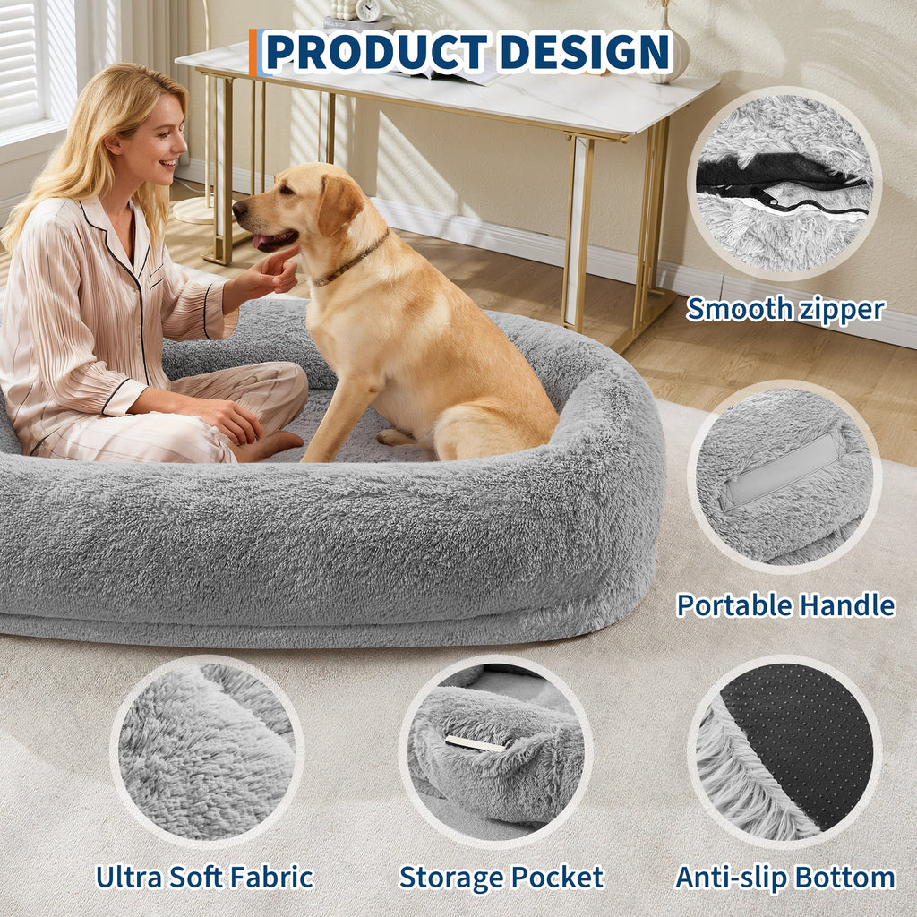 Garvee Orthopedic Soft Faux Fur Human Dog Bed for Adults & Pets – Large 67"x43"x8" Lounger, Egg Crate Foam, Removable Pillow, Side Pocket, Handle, Washable Cover, Cozy Floor Bed, White Grey