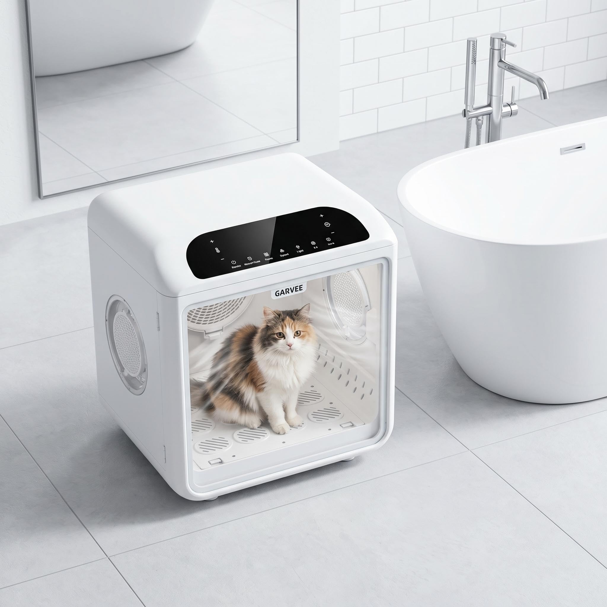 Garvee Quiet Pet Dryer Box for Cats & Small Dogs – 50L Capacity – 360° Airflow – Low Noise Grooming Dryer – Smart Temperature Control – Removable Water Tray – Adjustable Door – Hands-Free Bathing Accessory – US Version