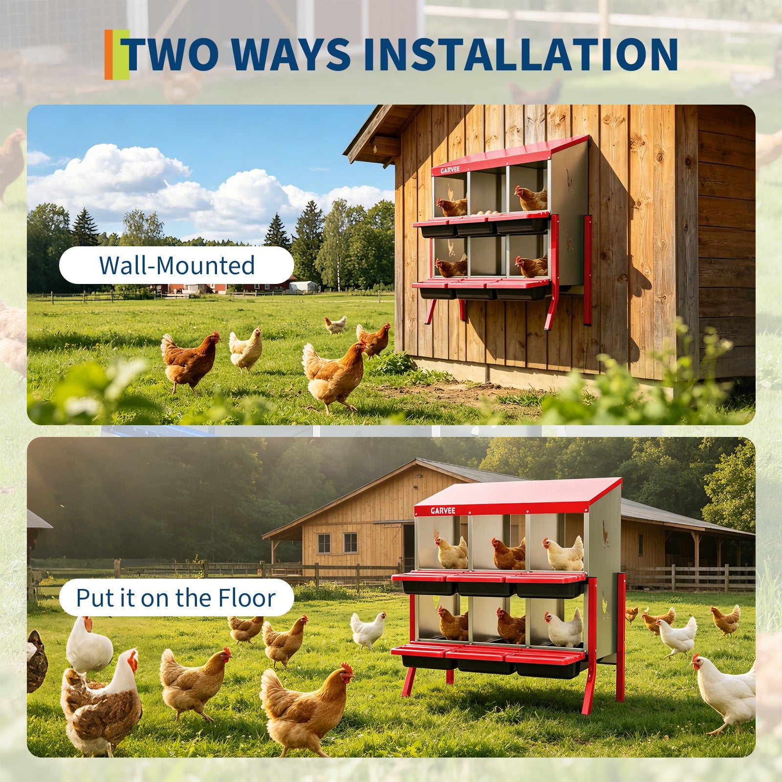 Garvee 6 Compartment Metal Chicken Nesting Box – Soft Cushion, Easy-Clean, Roll Away Egg Collection, Ventilated Design for Outdoor Chicken Coop, Rabbit, Duck – Red with Chicken Design – Size: 6 Compartments, Color: Red (Side Chicken Design)