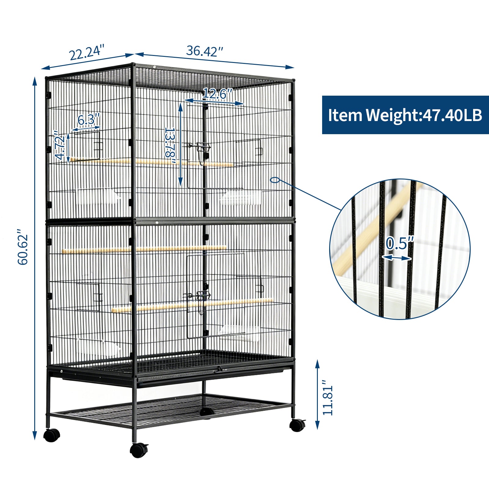 Garvee 61 Inch Large Bird Cage, Bird Cage with Rolling Storage Stands, Feed Bowls, Wide Tall Parakeet Cage for Macaw, Parakeets, Parrot, Conures, Cockatiel, Cockatoo