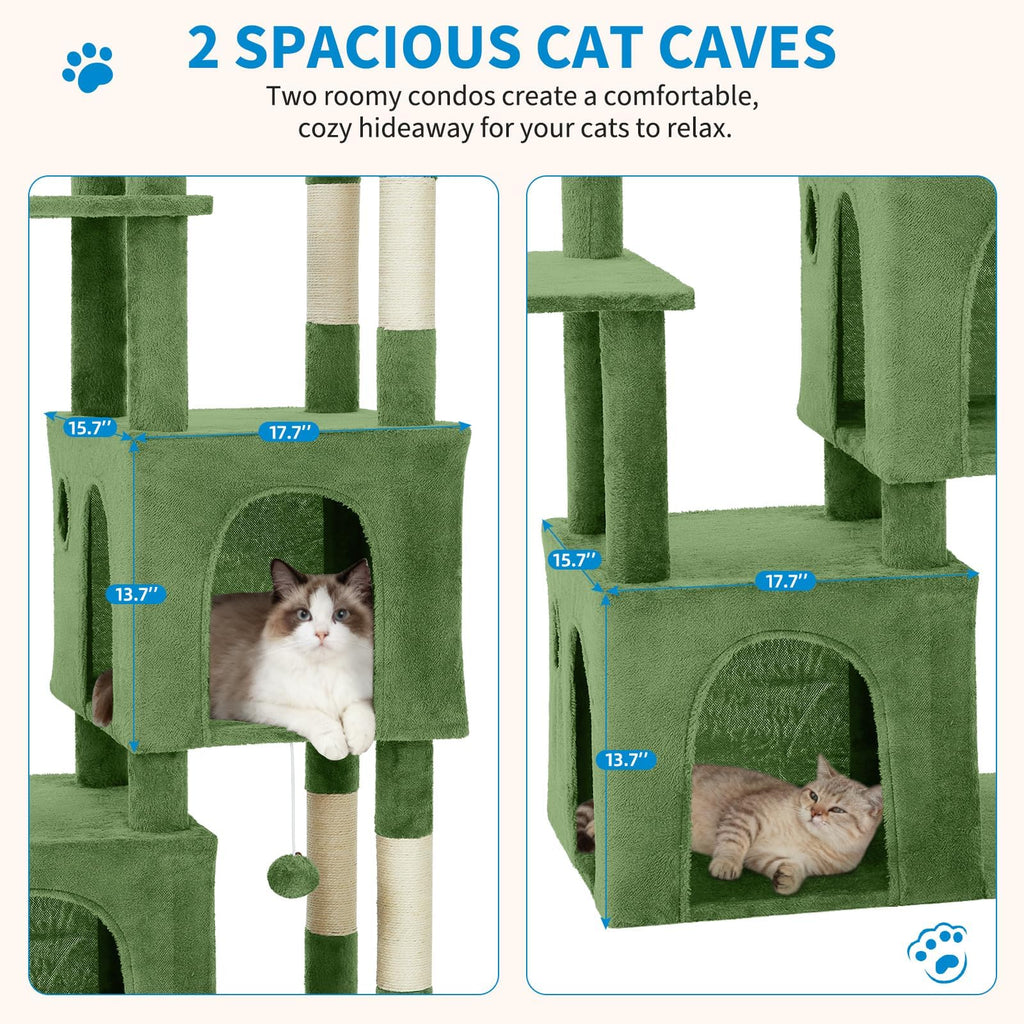 Garvee 61" Multi-Level Cat Tree for Indoor Cats, Heavy-Duty Tower for Large Adult & Maine Coon Cats with Oversized Perch, Dual Condos, Natural Sisal Scratching Posts & Play Toys – Green