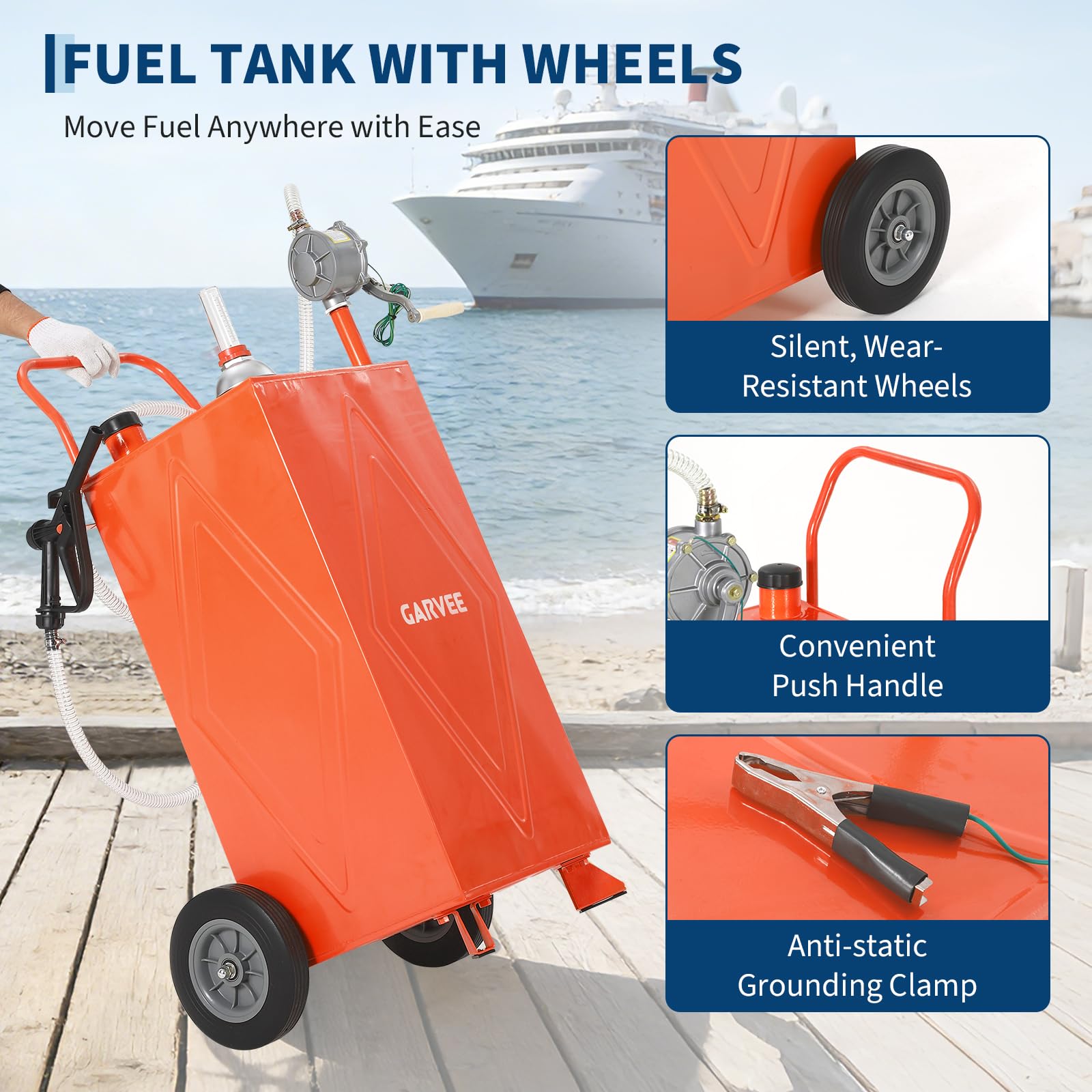 Garvee 35 Gallon Portable Fuel Gas Caddy Storage Tank – Reinforced 2-Wheel, 2-Support Design, Manual Rotary Pump, Fuel Hose, Wide Fill Neck, Level Gauge, Grounding Clamp – Mobile Gasoline/Fuel Transfer Tank for ATV, Tractor, Lawn Mower, Car, Boat –