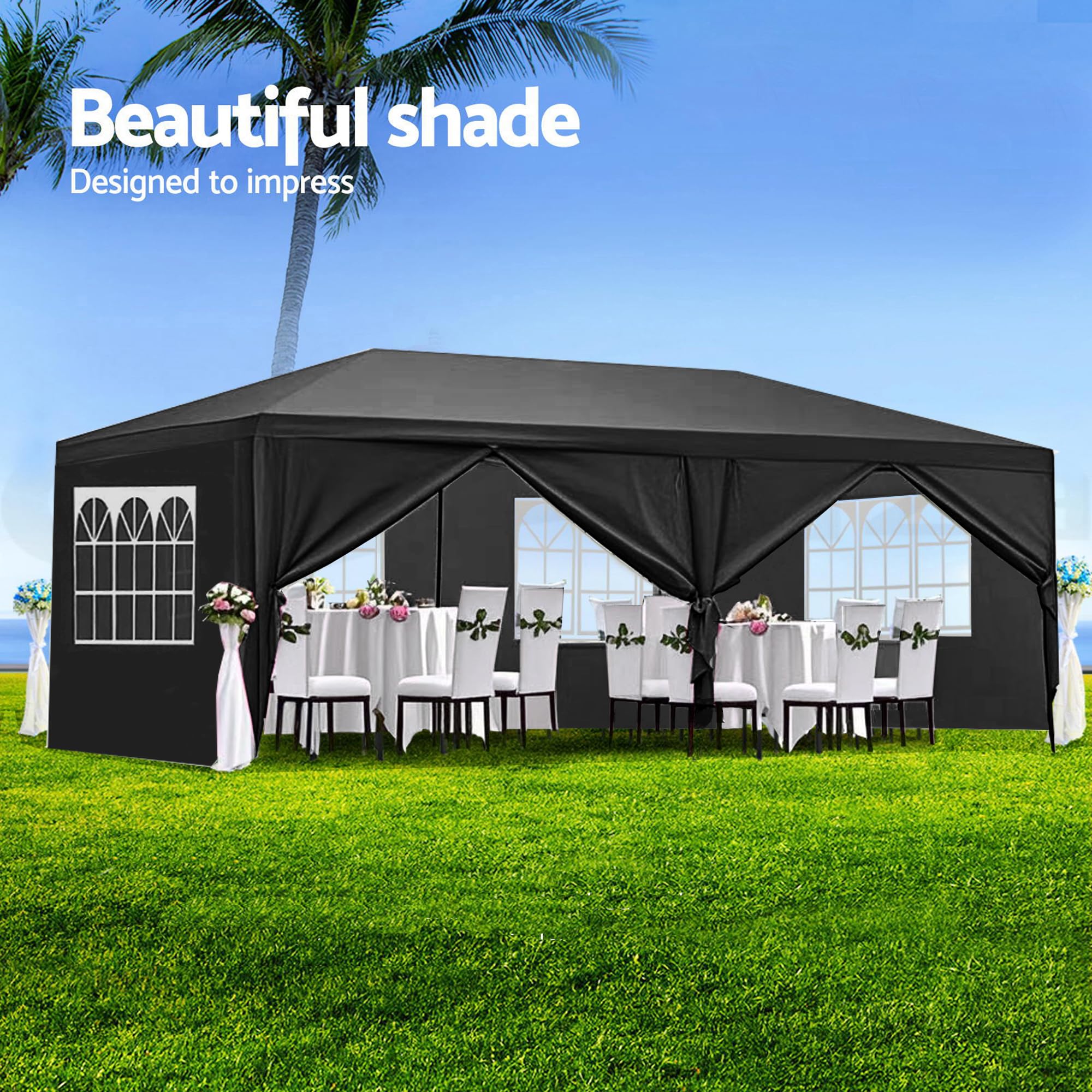 Garvee 10' × 20' Outdoor Party Tent with 6 Removable Sidewalls, Waterproof Canopy, Wedding Gazebo for Backyard, Patio, BBQ and Events, Black