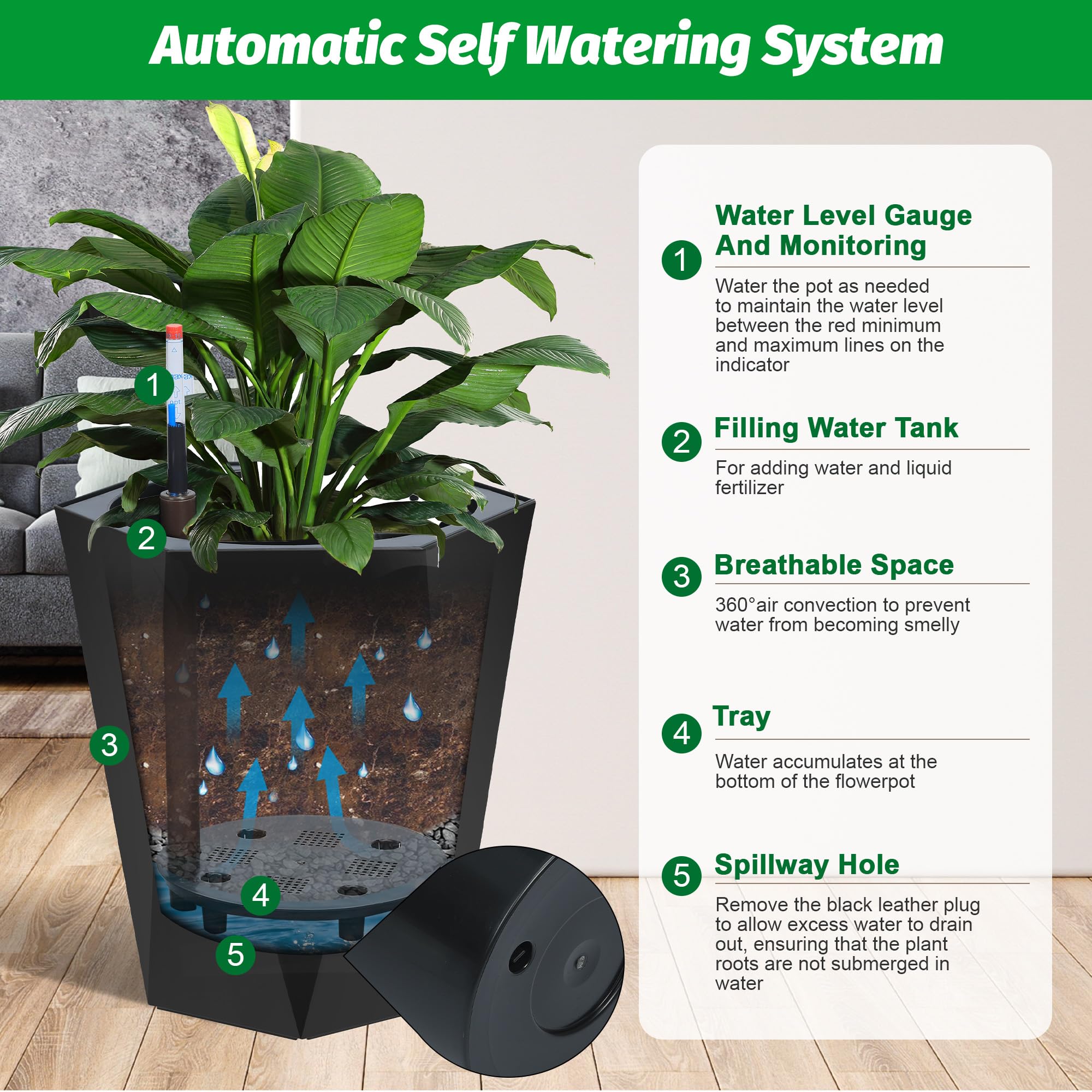 Garvee Self-Watering Planters, Set of 2 16 in Tall Resin Pots with Water Level Gauge, Double Tray, Hidden Wheels & 14-Day Reservoir for Indoor Outdoor Patio, Porch & Office, Black