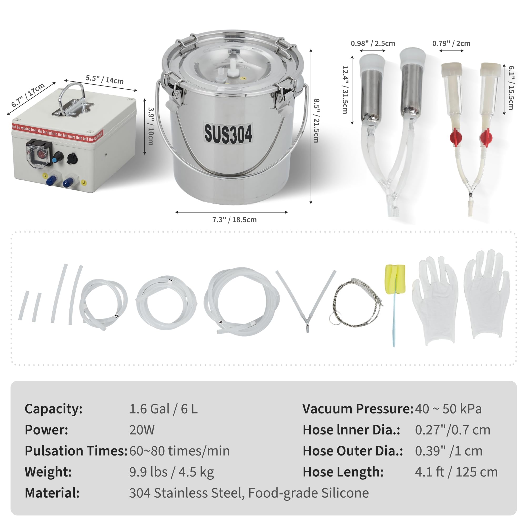 Garvee Electric Milking Machine for Cows & Goats – 6L Stainless Steel Bucket, 2-in-1 Automatic Pulsation, 4 Teat Cups, Portable Rechargeable Milker, Adjustable Suction, Built-in 12V 8000mAh Battery, US Standard