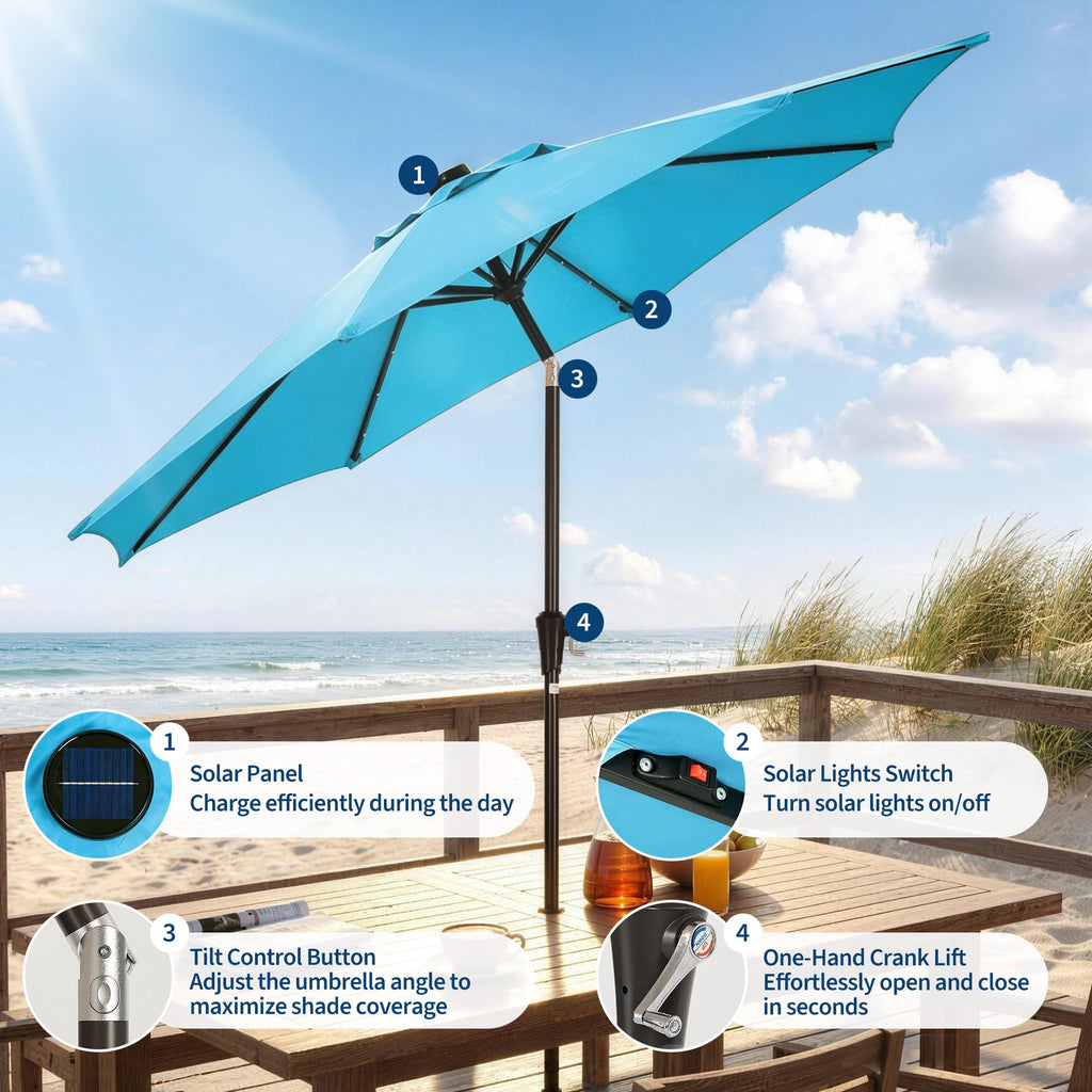 Garvee 10 FT Solar LED Patio Umbrella, 32 Lights, 8-Rib Iron Frame, Crank & Push-Button Tilt Market Umbrella for Table, Pool and Deck, Turquoise