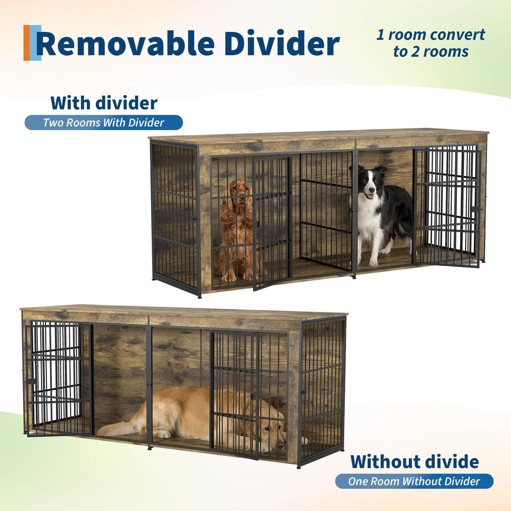 Garvee 94.5" Extra Large Dog House Furniture, Heavy Duty Wooden Dog Kennel Indoor End Table, TV Stand  for Large/Medium Dogs, 4 Doors, Divider, Storage, Adjustable Feet, Vintage Brown