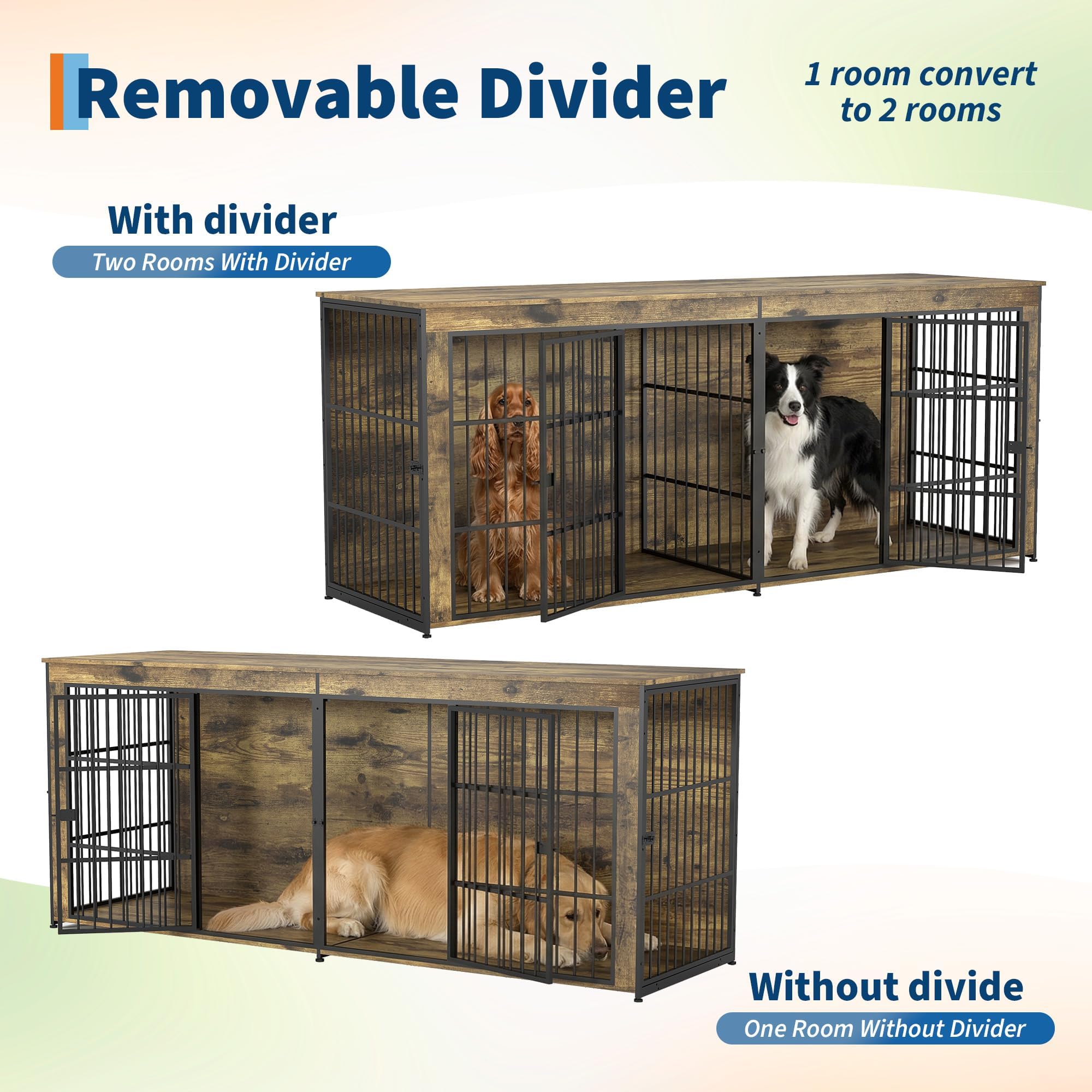 Garvee 94.5" Extra Large Dog House Furniture, Heavy Duty Wooden Dog Kennel Indoor End Table, TV Stand  for Large/Medium Dogs, 4 Doors, Divider, Storage, Adjustable Feet, Vintage Brown