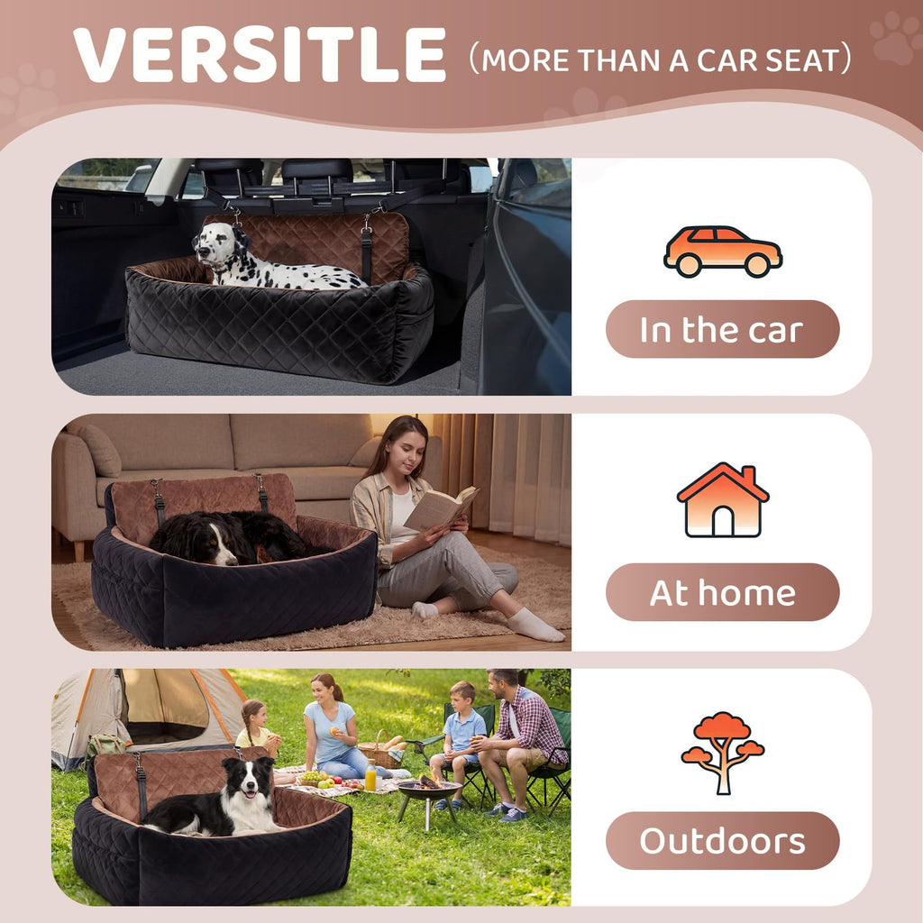 Garvee Dog Car Seat for Small,Medium Large Dog, Double Dogs Car Seat as Traval Bed, Waterproof Thick Cushion, Triple Belts & Harness, Portable Machine Washable Pets Booster Seat w/ Side Pocket, Brown