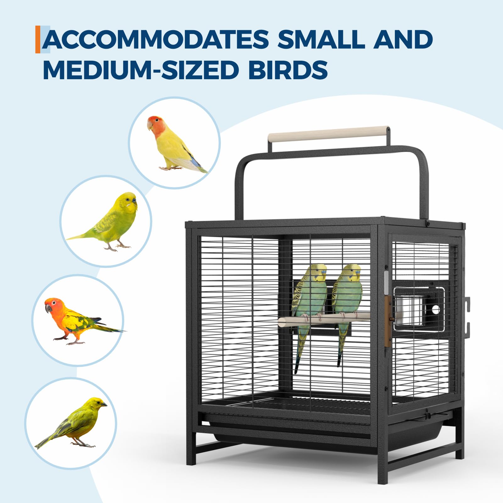 Garvee Portable Small Bird Travel Cage with Tray & Wooden Perch Handle – Ideal Carrier for Parakeets, Cockatiels, Budgies, Lovebirds, Canaries, Conures, Pigeons – Sturdy Black Aviary