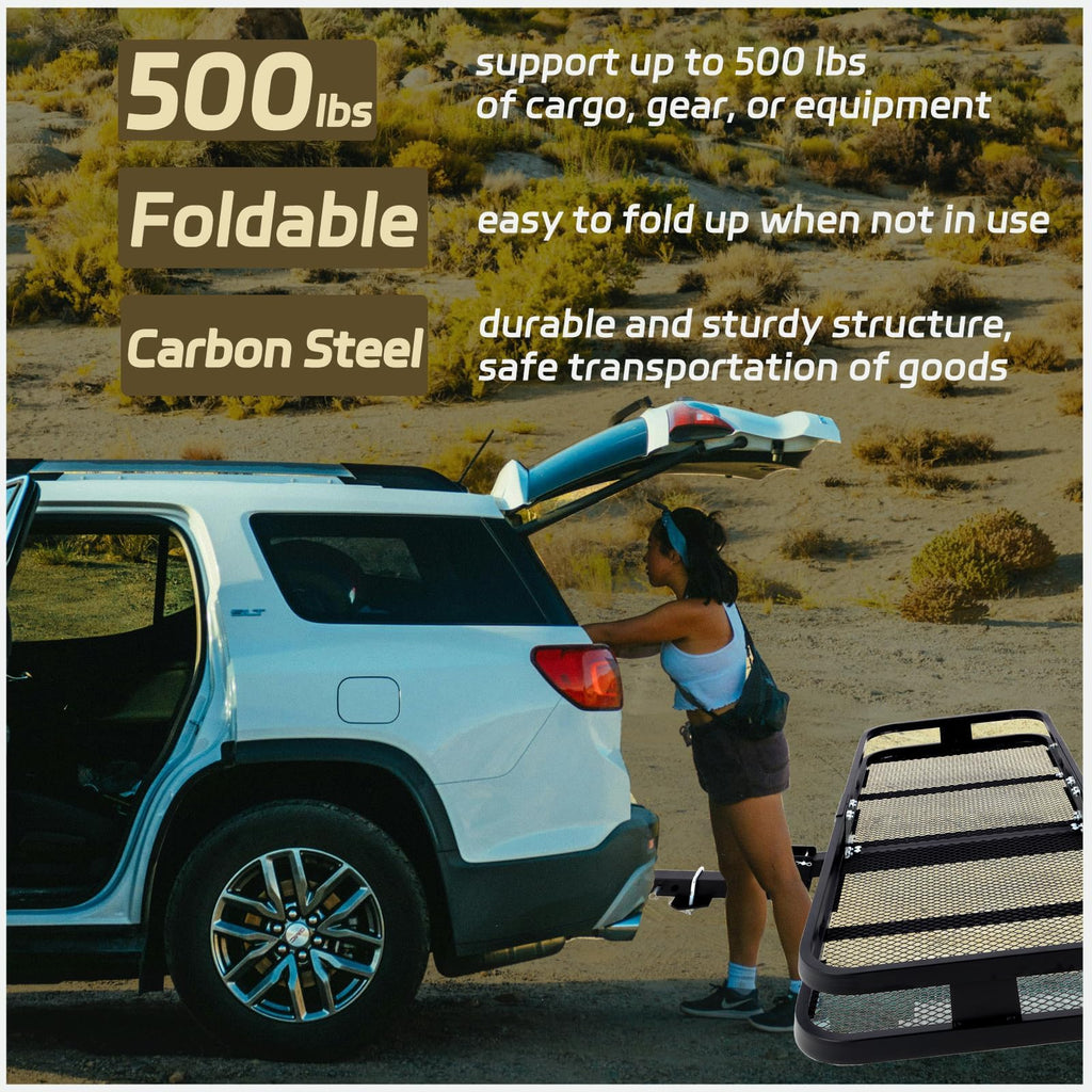 Garvee 60"x24"x6" Heavy-Duty Folding Hitch Cargo Carrier, 500 lbs Capacity Steel Rust-Resistant Mesh Basket with Security Net & Straps for Trucks SUVs Off-Road