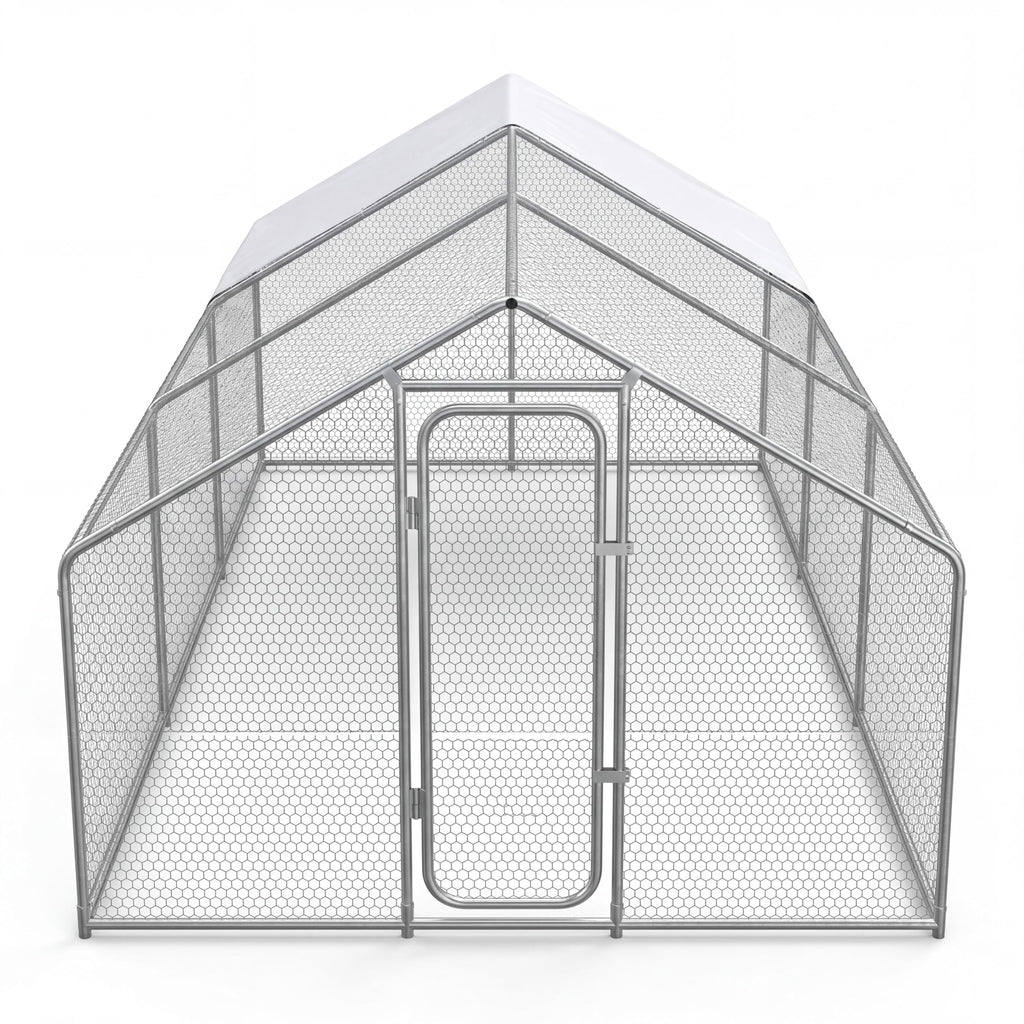 Garvee Large Walk-in Chicken Coop 9.84x19.68x6.56 FT – Sturdy Metal Poultry Enclosure with Spire Roof and Security Lock – Ideal for Hens, Ducks, Rabbits – For Backyard, Farm – Natural Color