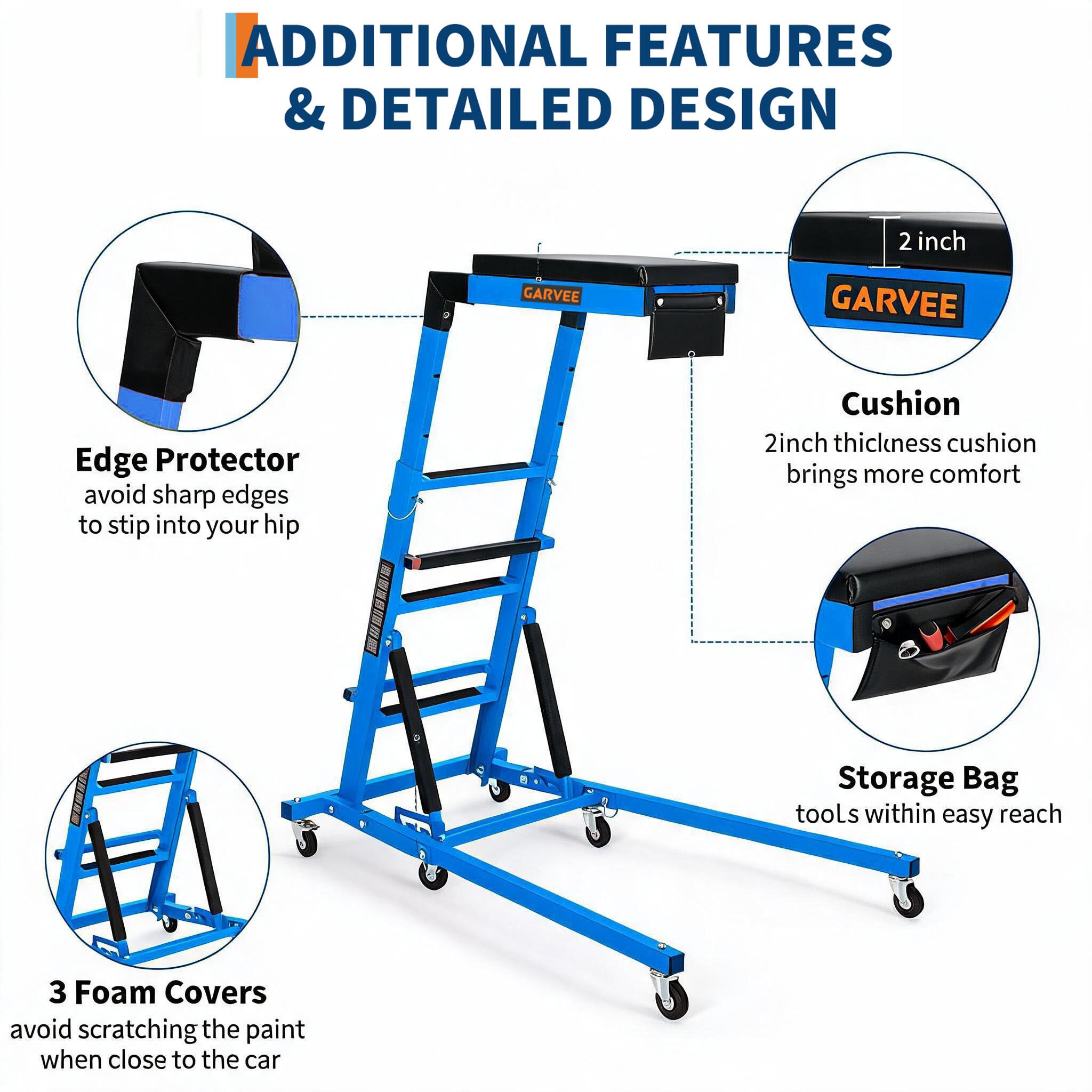 Garvee Heavy Duty Over-Engine Creeper for Mechanics – Adjustable Height 48-68 in, 400 lbs Capacity, Collapsible Design, 6 Swivel Casters, Rolling Mechanic Seat for Garage Workshop – Mechanical Blue (RAL 5015)