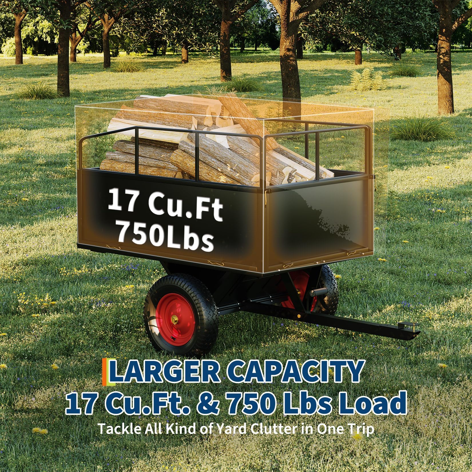 Garvee 750 lb ATV Dump Cart, 17 Cu. Ft. Tow-Behind Steel Utility Trailer with Removable Sides, 16 in Tires & Universal Hitch for Lawn Tractor