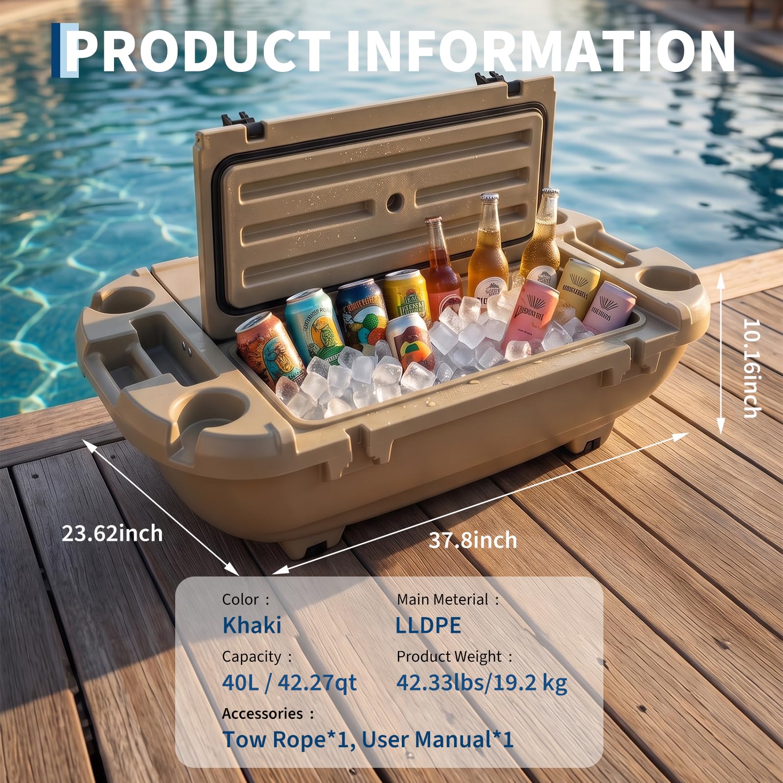Garvee 40L Floating Cooler for River, Lake & Pool, 42.5QT Rotomolded LLDPE Ice Chest with Tow Rope & 4 Cup Holders, Heavy-Duty Drift Marine Beverage Cooler for Kayak, Boating, Camping, Khaki