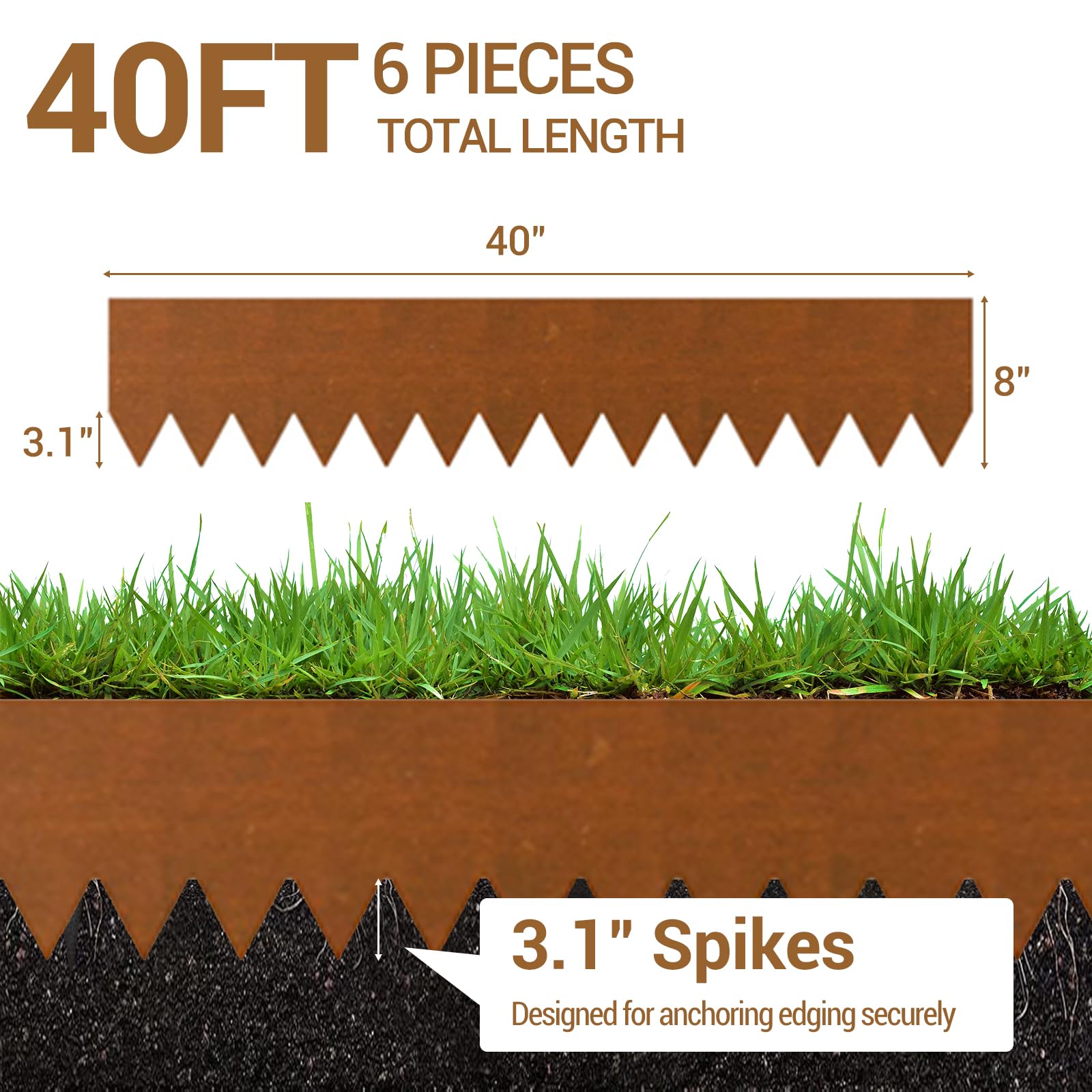 Garvee Heavy Duty Galvanized Steel Landscape Edging – 40" x 8" Flexible Hammer-in Metal Garden Edging, Rustproof Divider with Shark Spike Corrugated Teeth, Weather-Resistant, For Pathways, Raised Beds, Tree Surrounds – Pack of 6