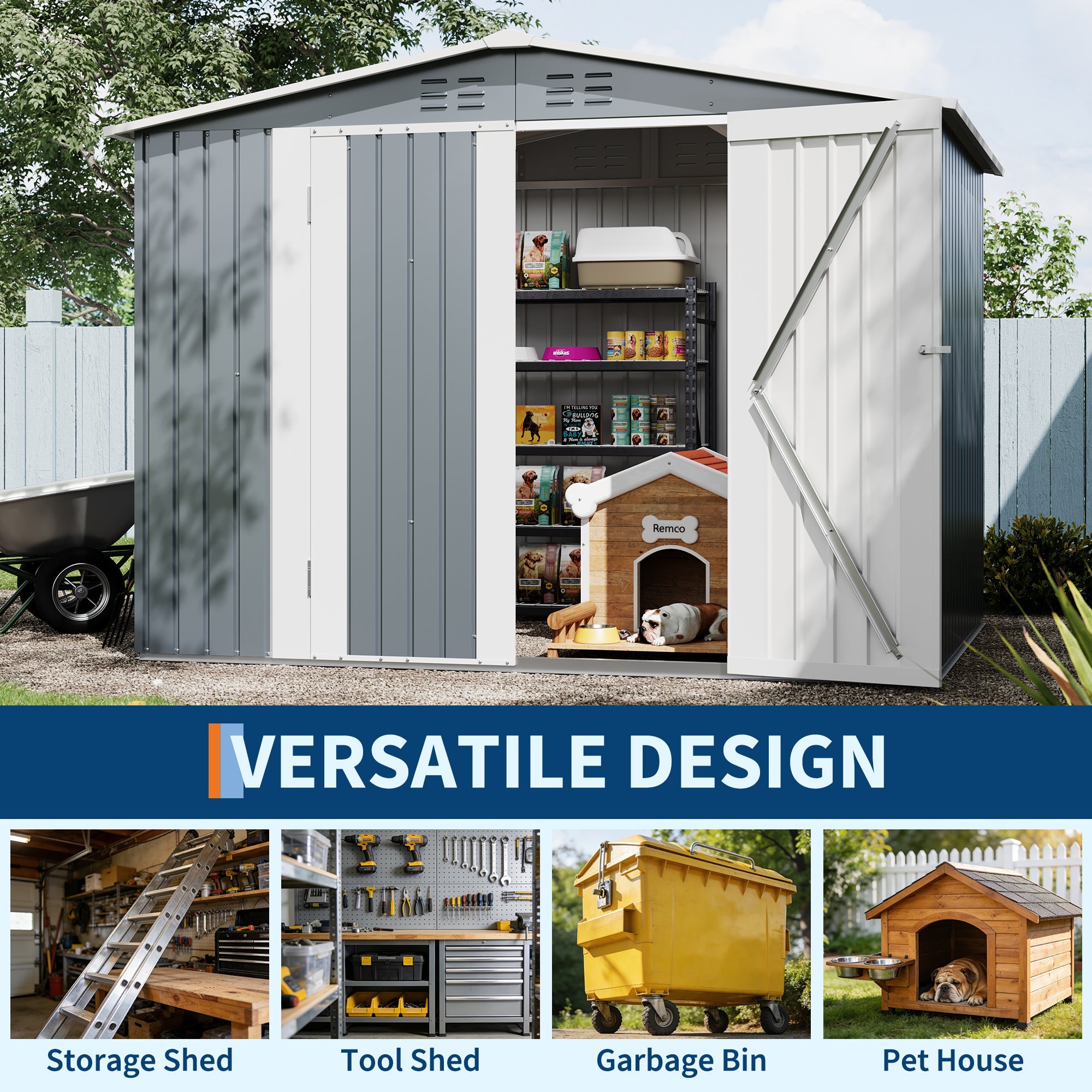 Garvee Weather-Resistant Metal Outdoor Storage Outdoor Storage 8x6 FT – Lockable Double Doors, Vents, Secure Garden Tool Organizer for Backyard, Patio, Lawn Equipment – Gray Color