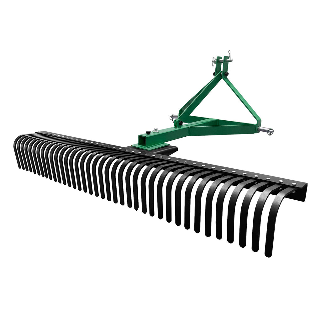 Garvee Heavy Duty 3-Point Landscape Rake for Tractor - 6FT Rock Rake with 37 Steel Tines - 360° Rotating Head - Fits Category 1 & 2 Tractors - Ideal for Lawn, Garden, and Yard - 6 Feet (72 Inches) Green, 37 Teeth