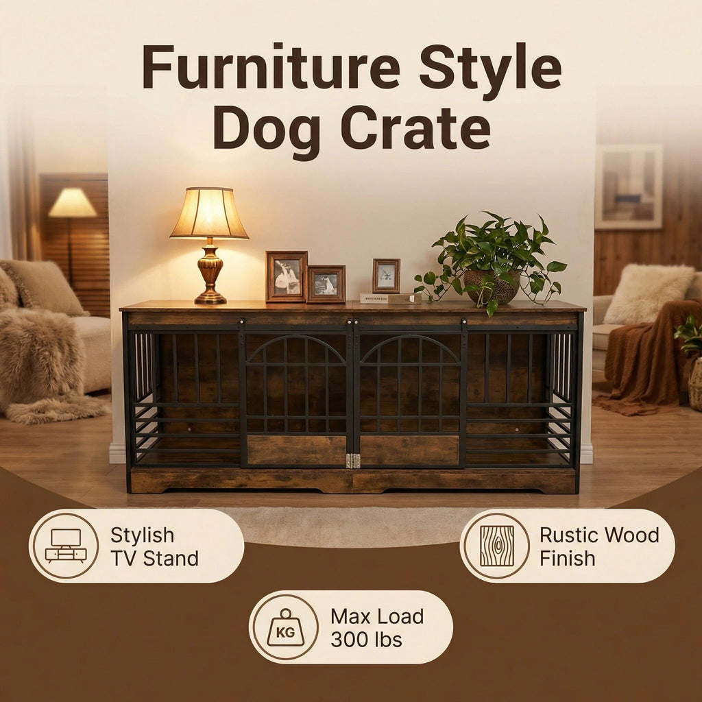 Garvee 78" Extra Large Dog Crate Furniture for 2 Dogs - Double Compartment, Sliding Barn Doors - Engineered Wood, Heavy Duty Steel Bars - Removable Divider, Farmhouse Style - Indoor Living Room, TV Stand